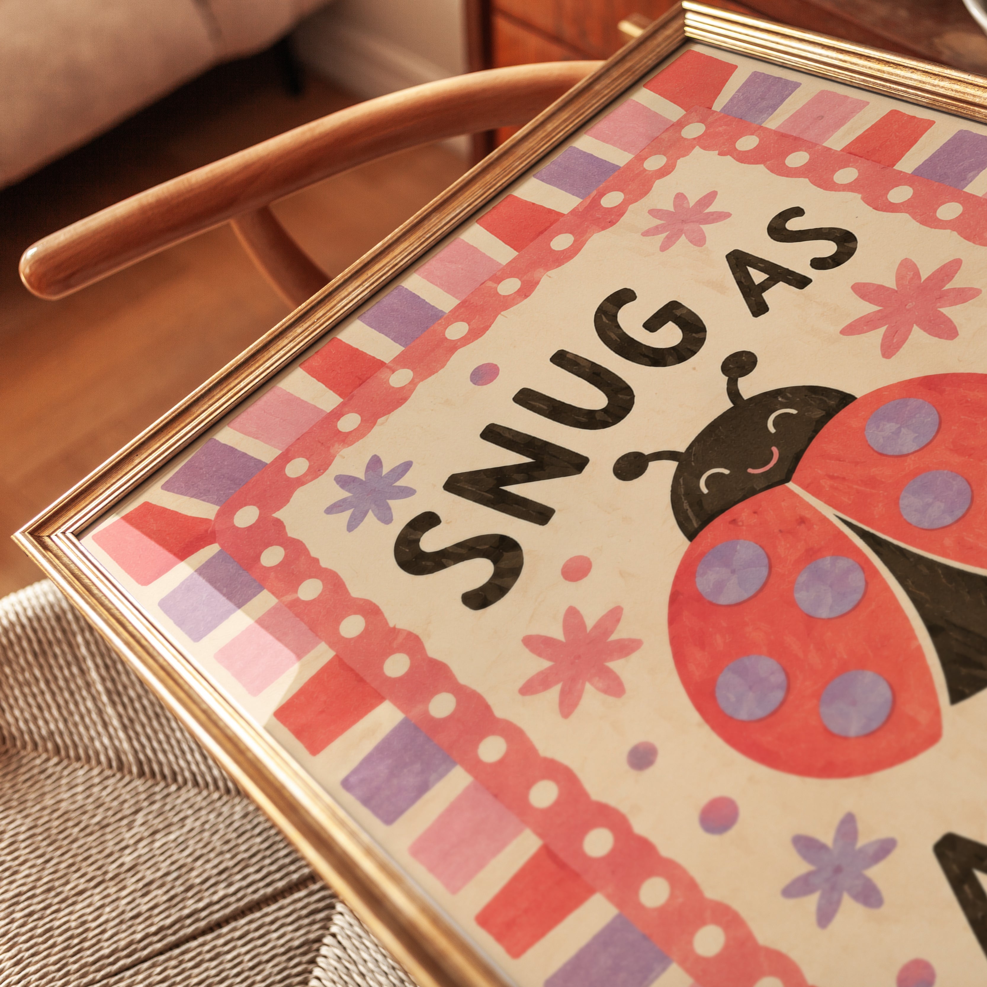 Snug As A Bug Ladybug Print: Whimsical Nursery Wall Art - detail