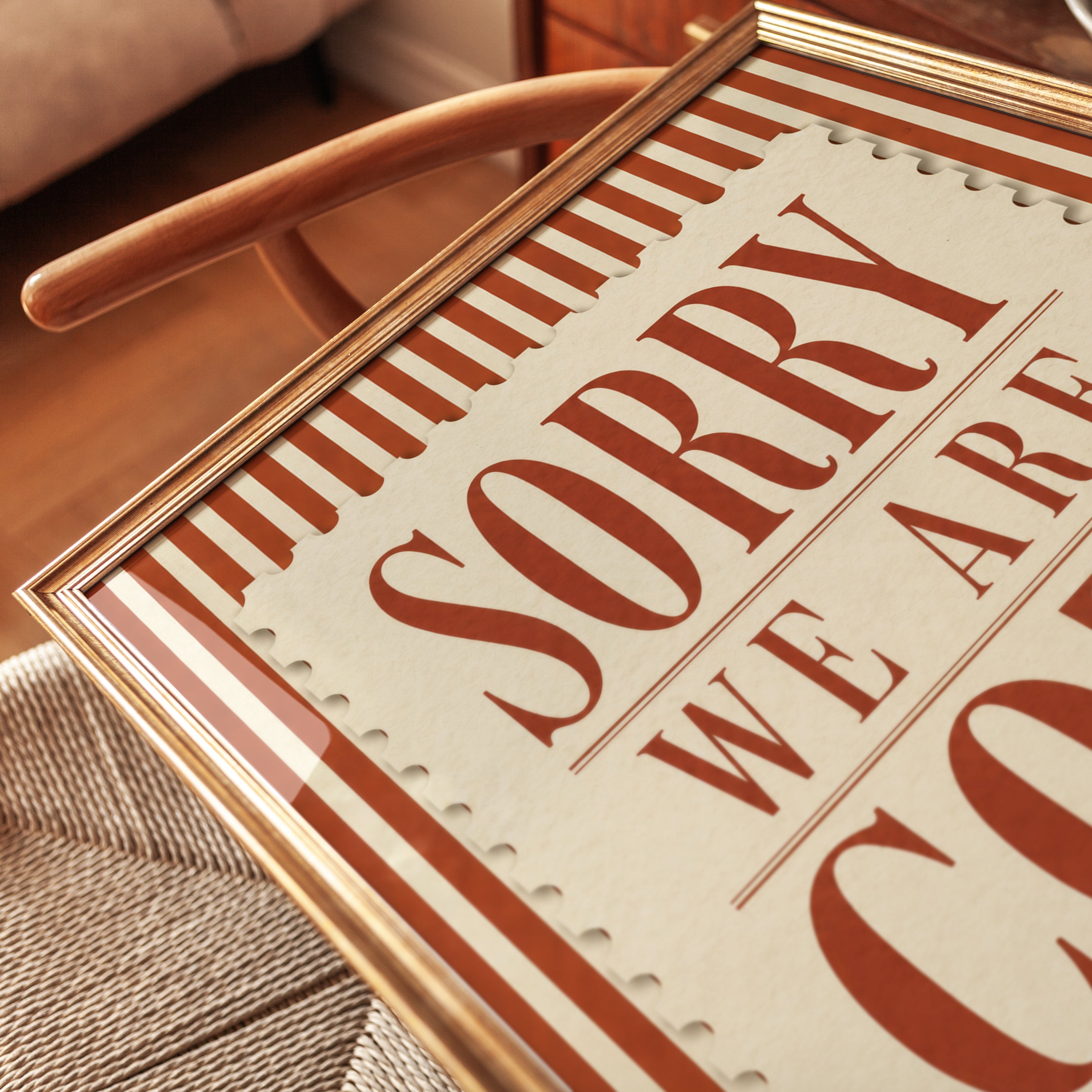 Sorry We Are Cozy Wall Art: Retro Striped Typography Print - detail