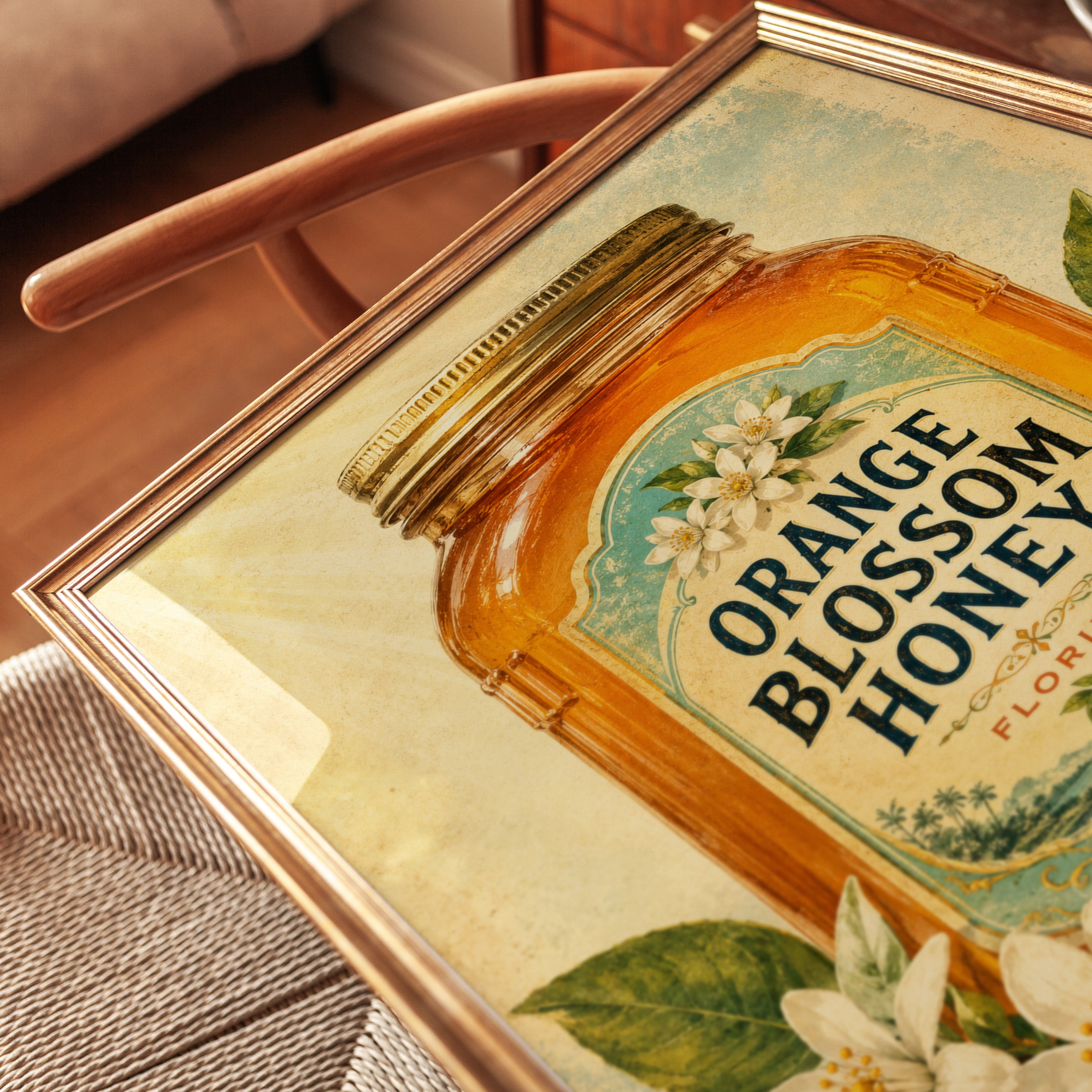 Orange Blossom Honey Jar Print: Vintage Florida Kitchen Art - detail