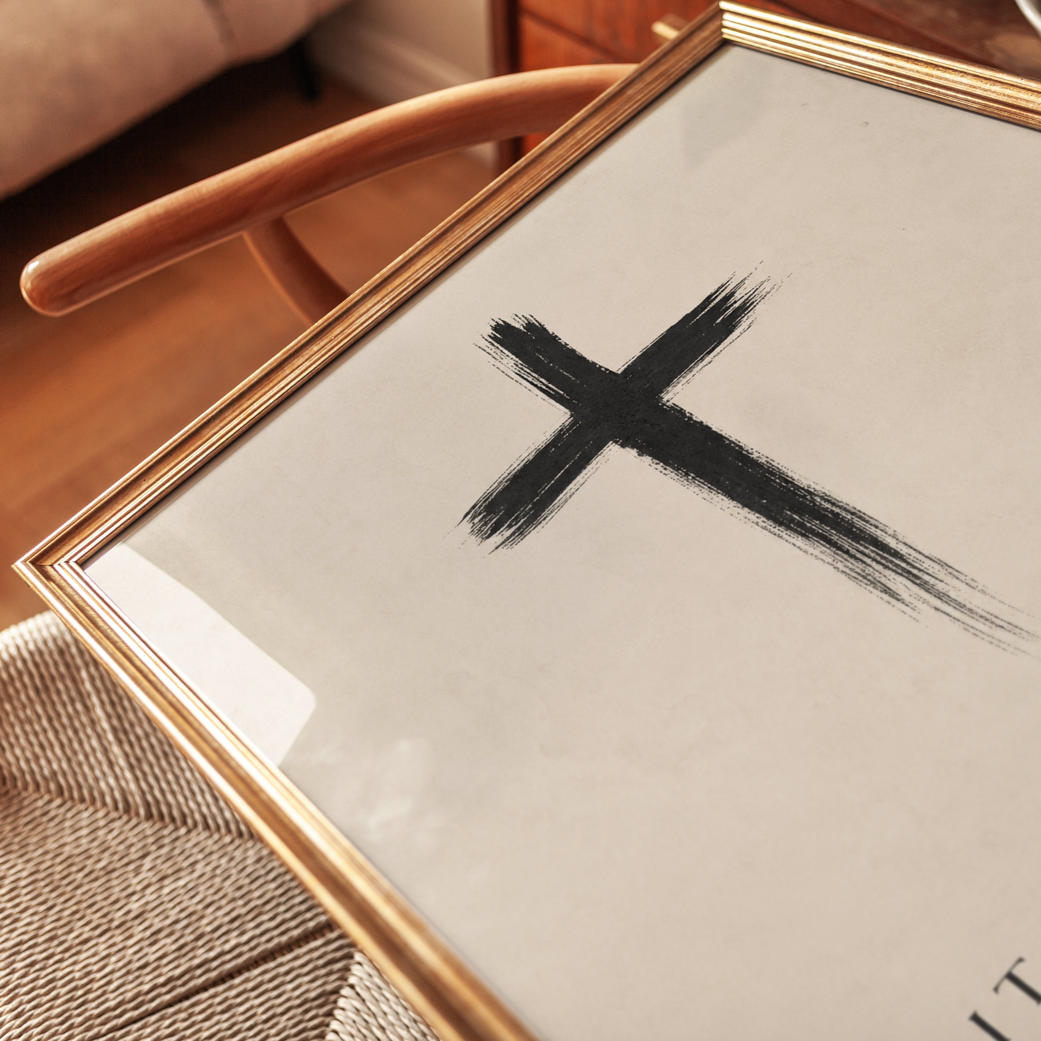 It Is Finished Cross Print: Minimalist Black Brushstroke Art - detail
