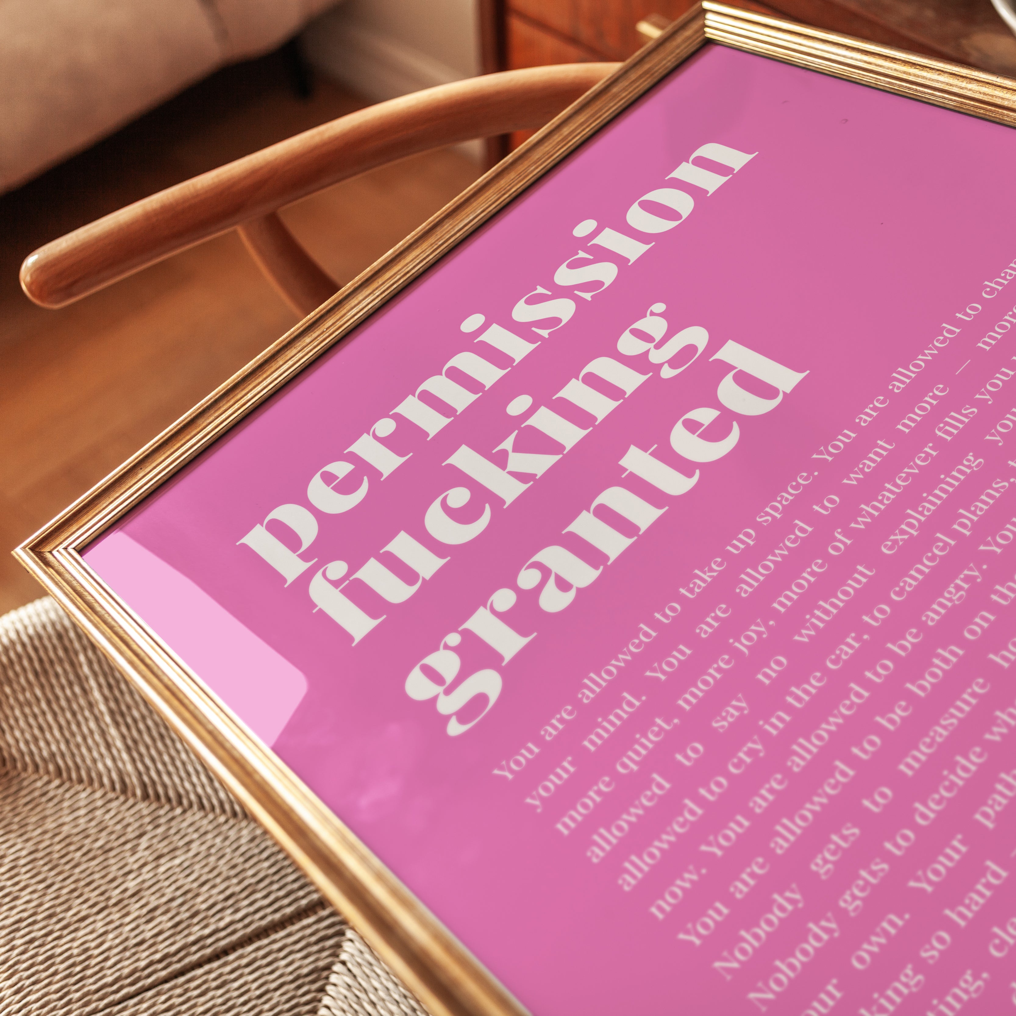 Permission Granted Typography Print: Pink Motivational Wall Art - detail