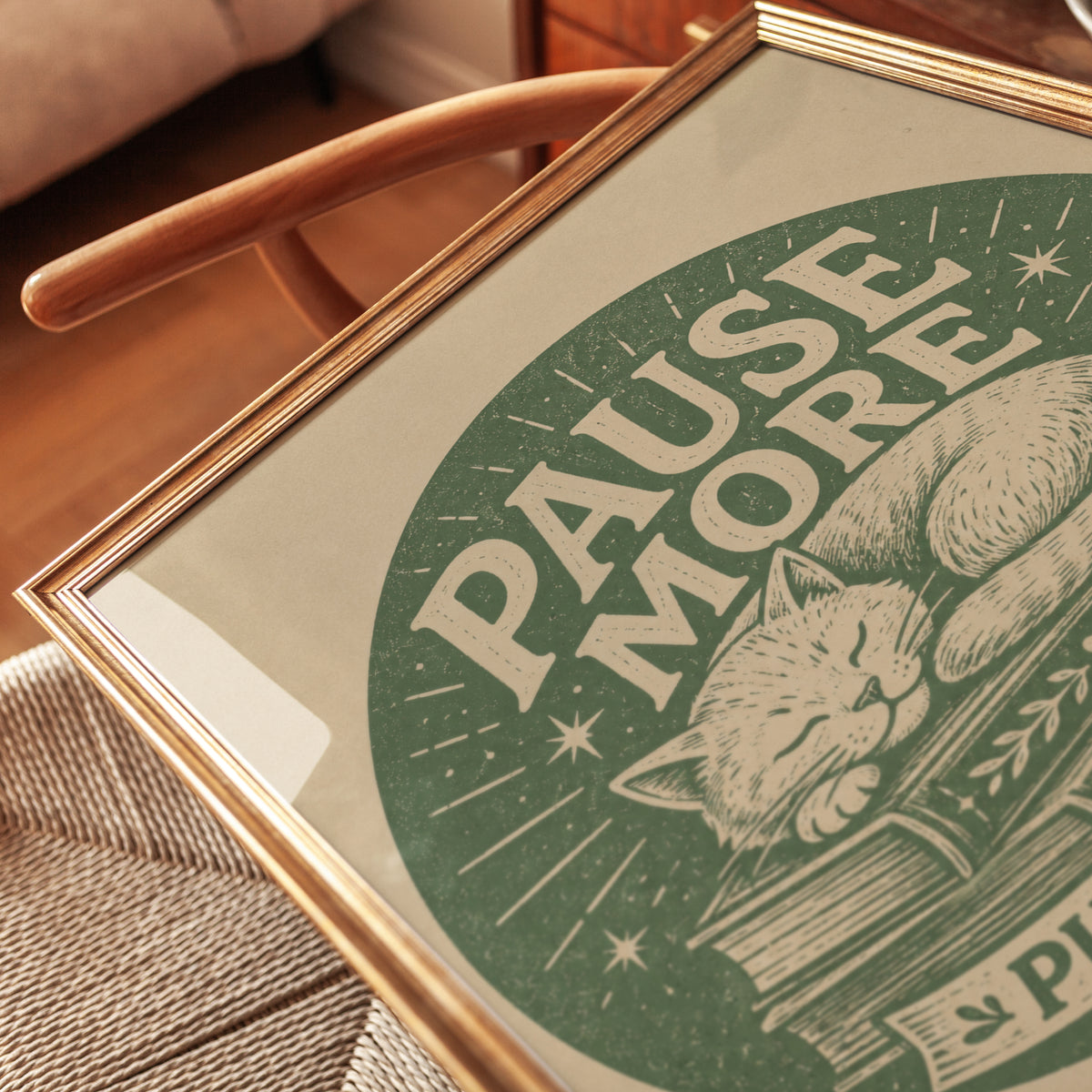 Pause More Vintage Cat Poster: Retro Green Linocut Art Print - detail