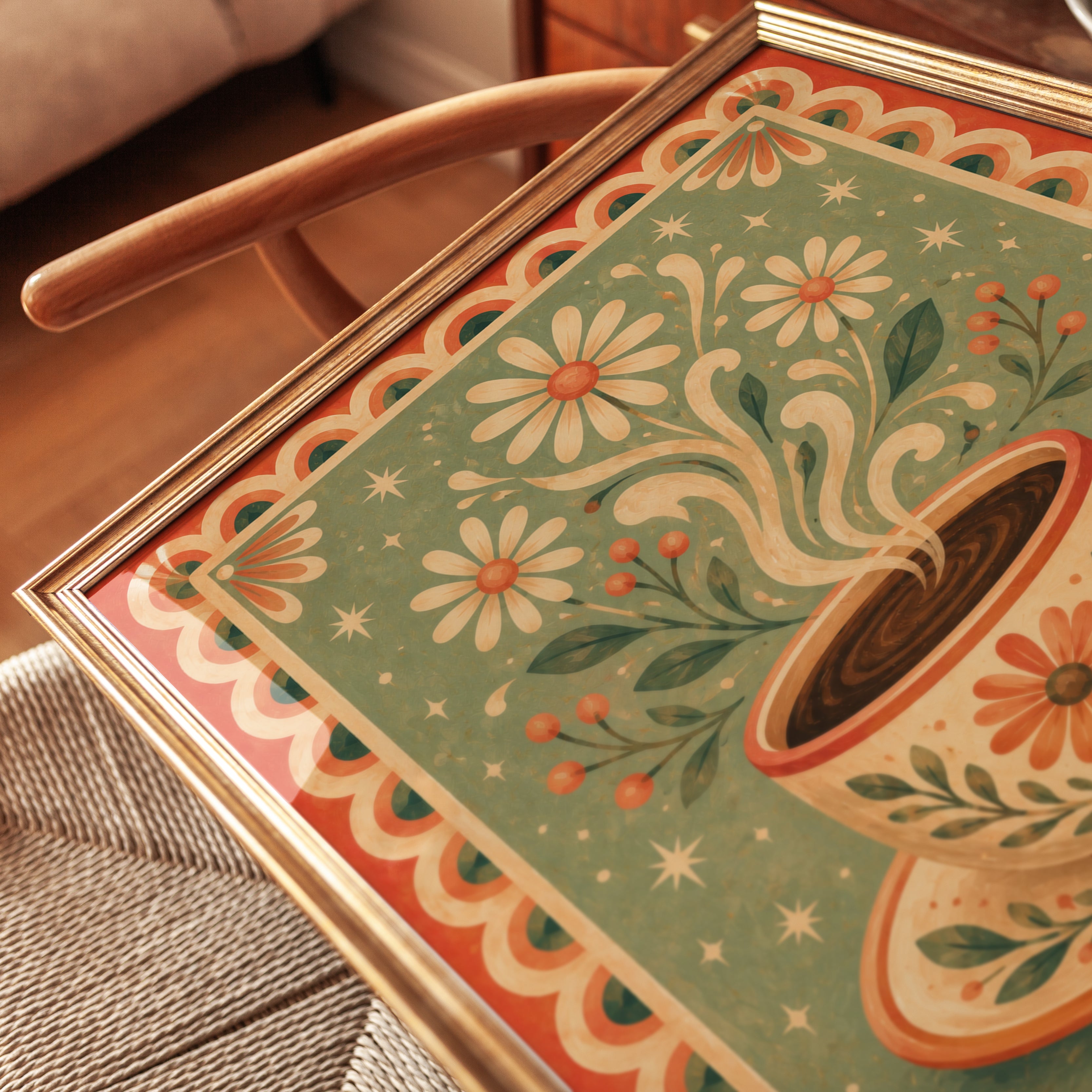 Folk Art Coffee Print – Floral Kitchen Wall Art - detail