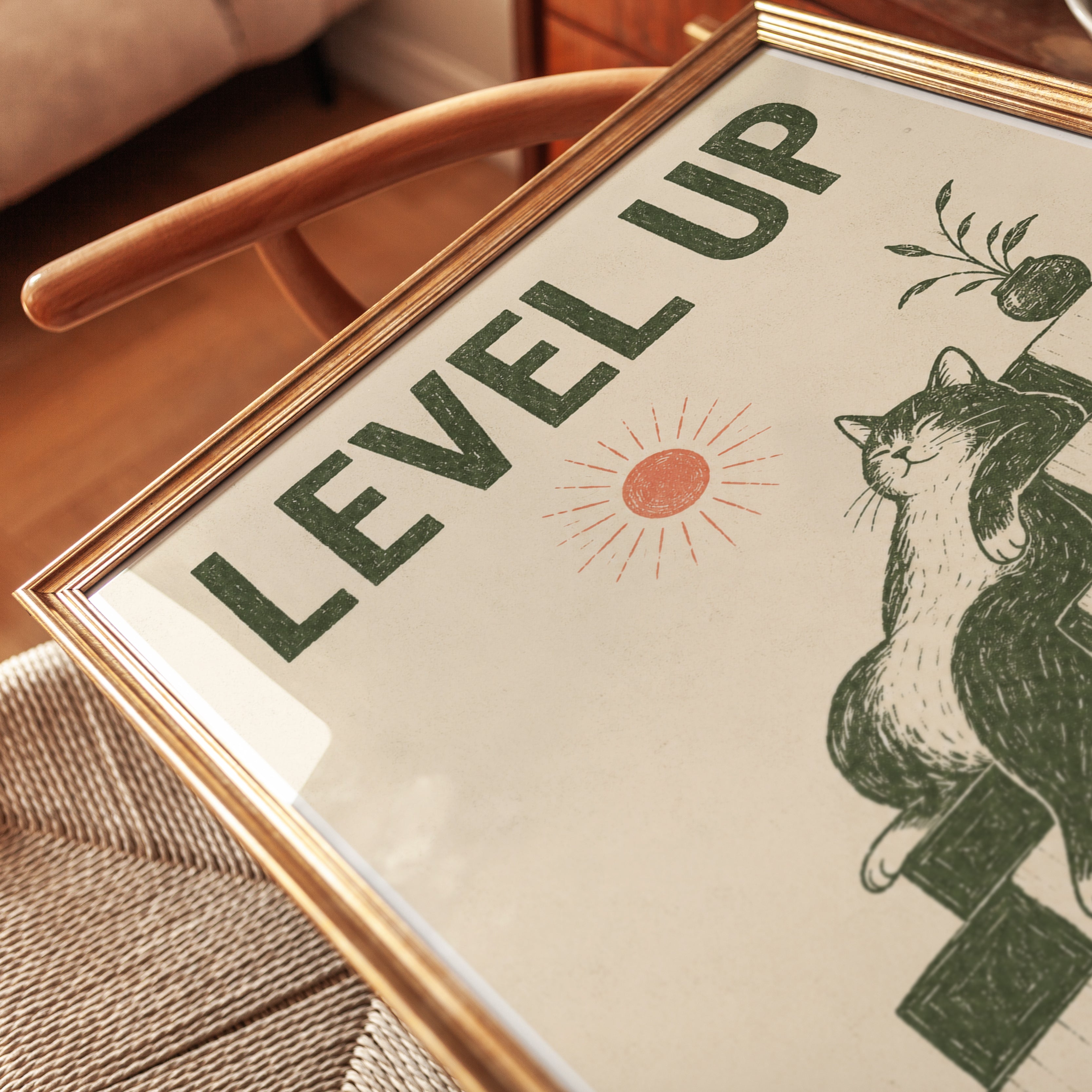 Level Up Cat on Stairs Print: Vintage Motivational Poster Art - detail