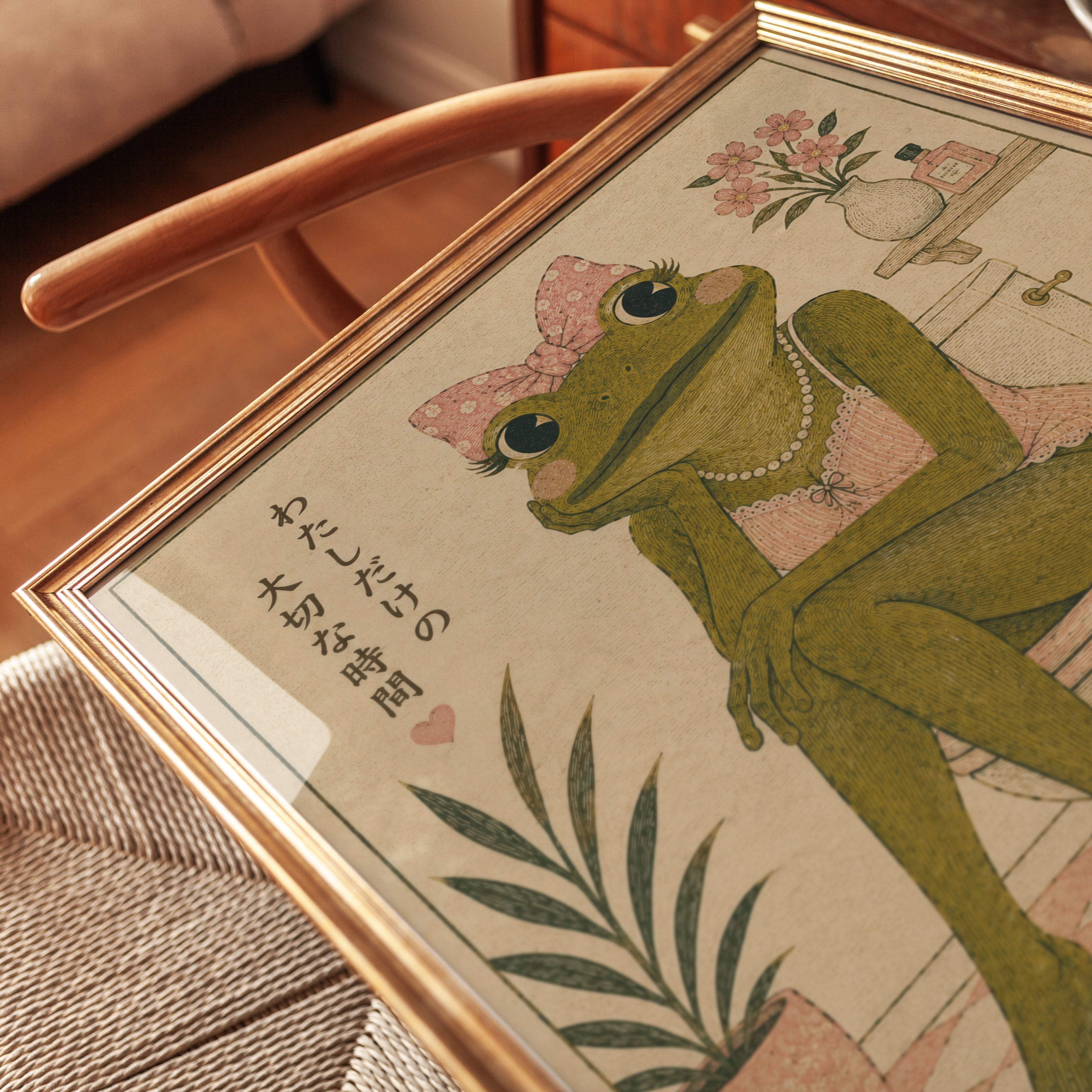 Frog in Bathroom Art Print: Japanese Vintage Woodblock Style - detail