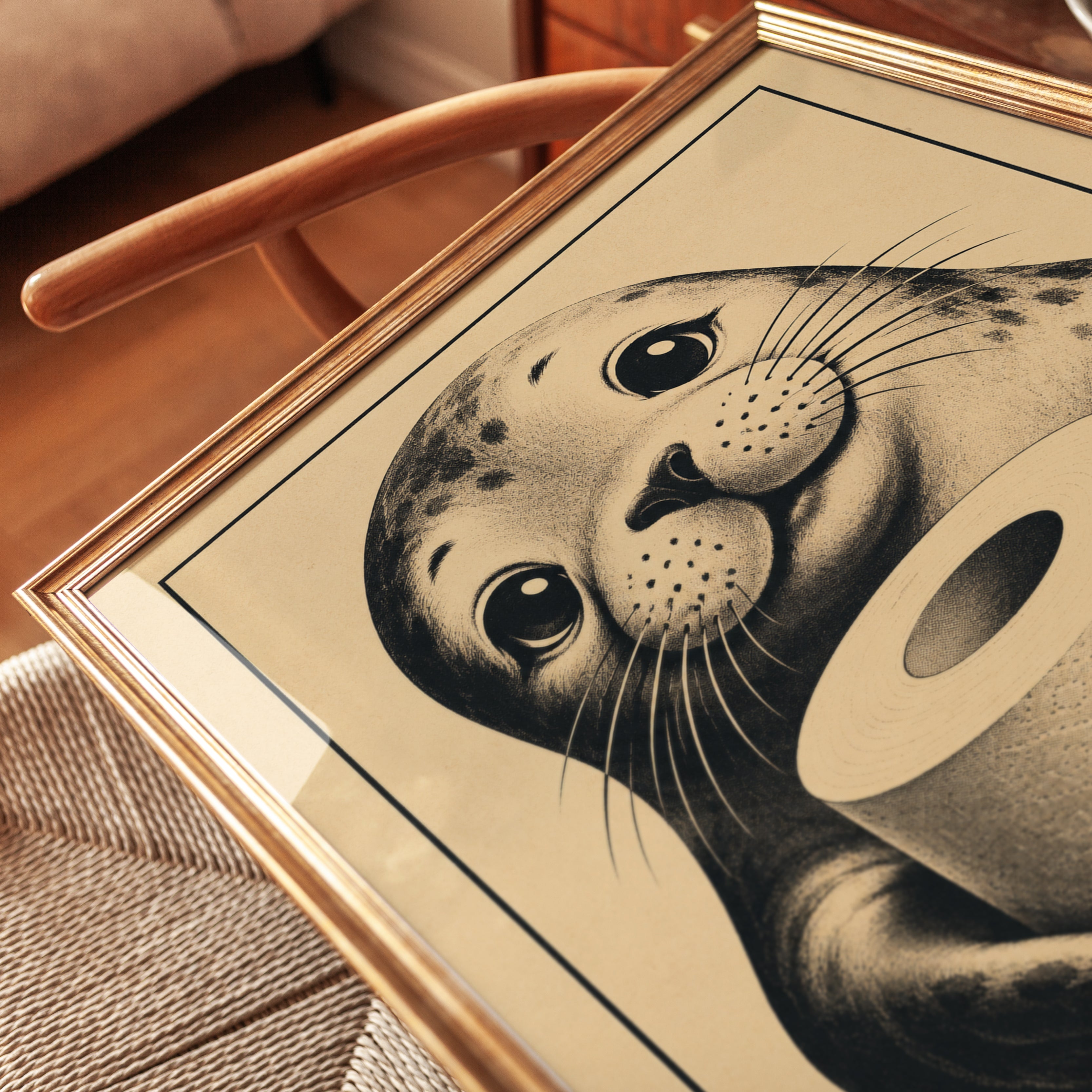Seal Holding Toilet Paper Print: Vintage Illustration - detail