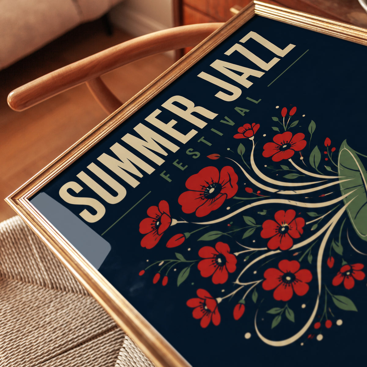 Summer Jazz Festival Poster: Vintage Gramophone with Red Poppies - detail