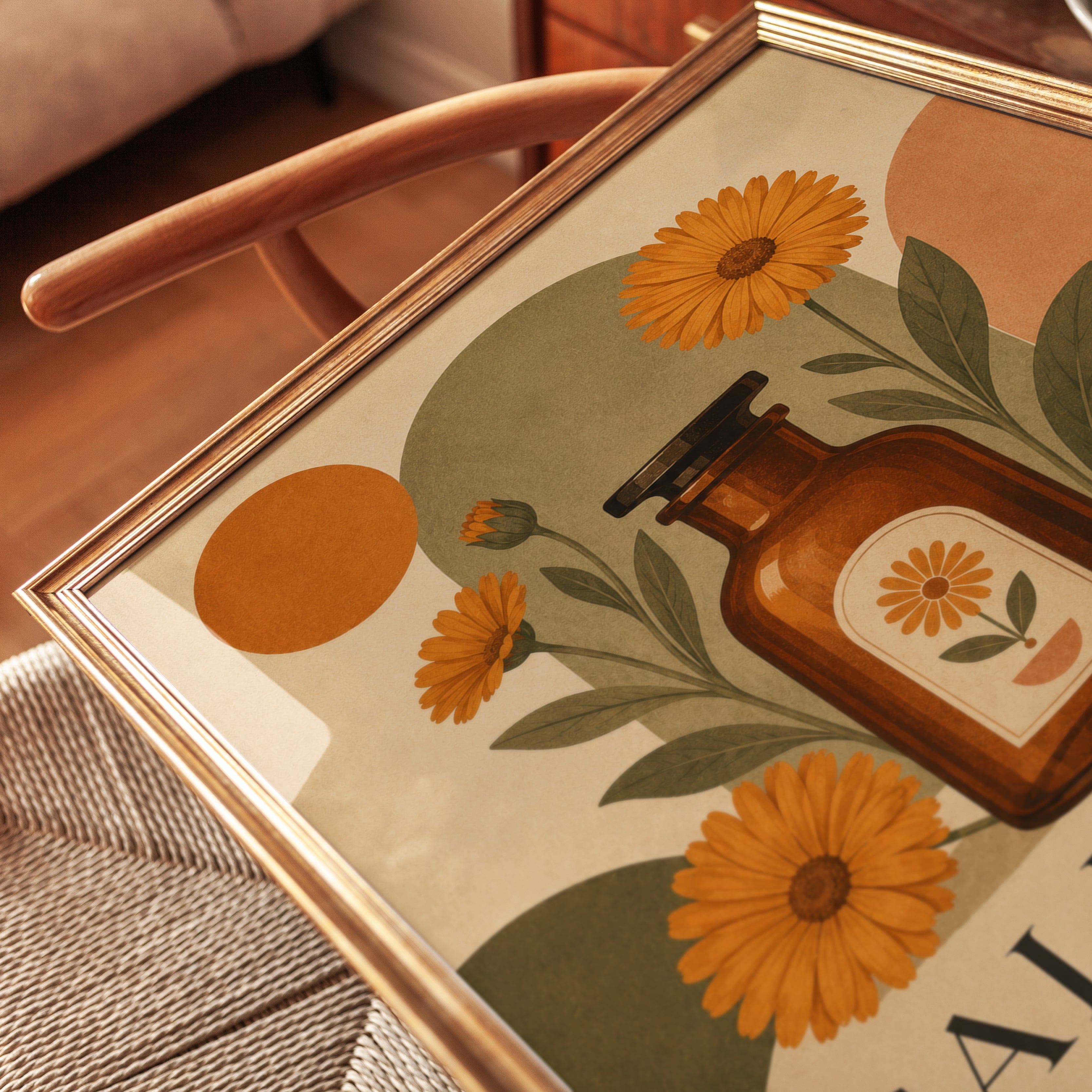 Calendula Apothecary Bottle Art Print: Vintage Botanical Poster - detail