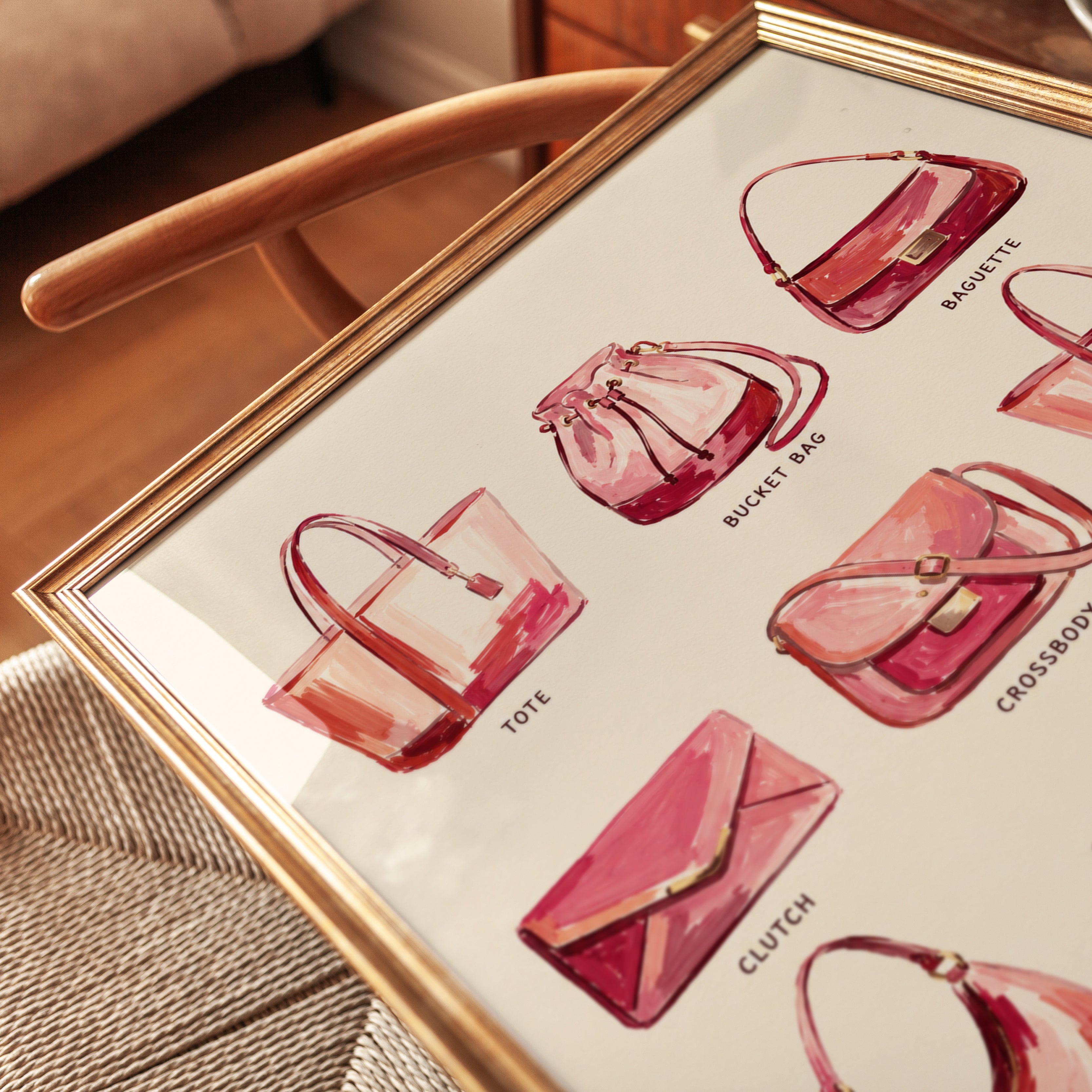 Fashion Handbag Collection Art Print: Watercolor Pink Accessories - detail