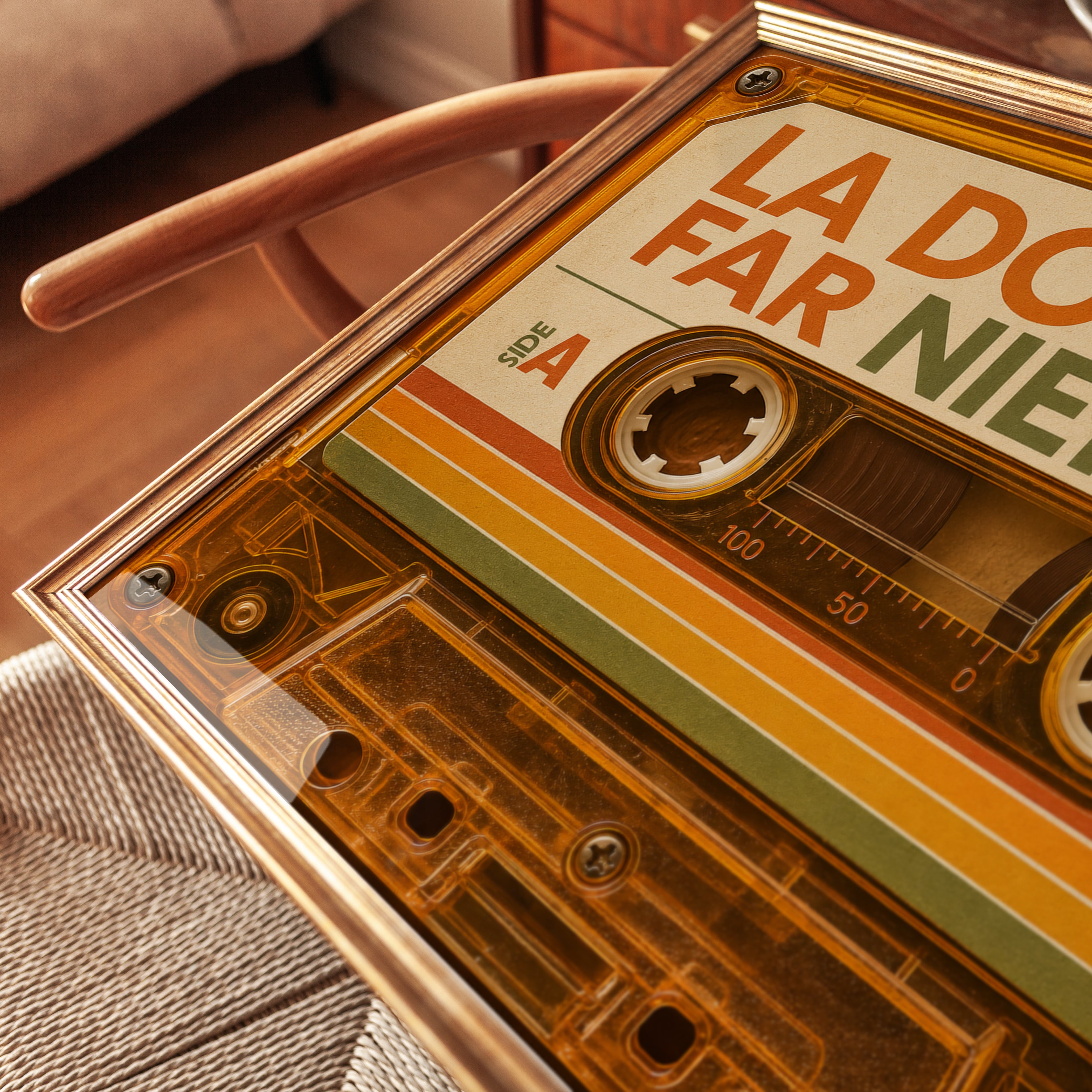 Cassette Tape Print: Retro 70s Music Wall Art (Orange & Brown) - detail