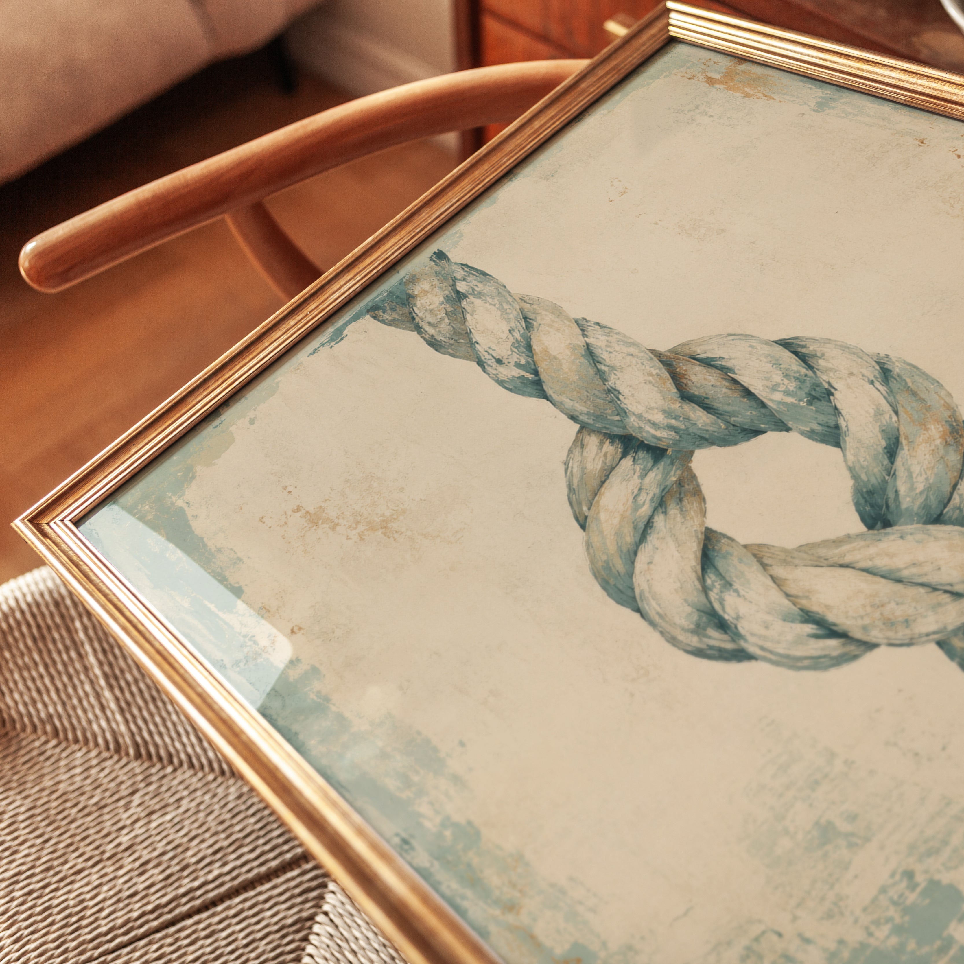 Nautical Rope Knot Art Print: Coastal Blue and Cream Distressed - detail