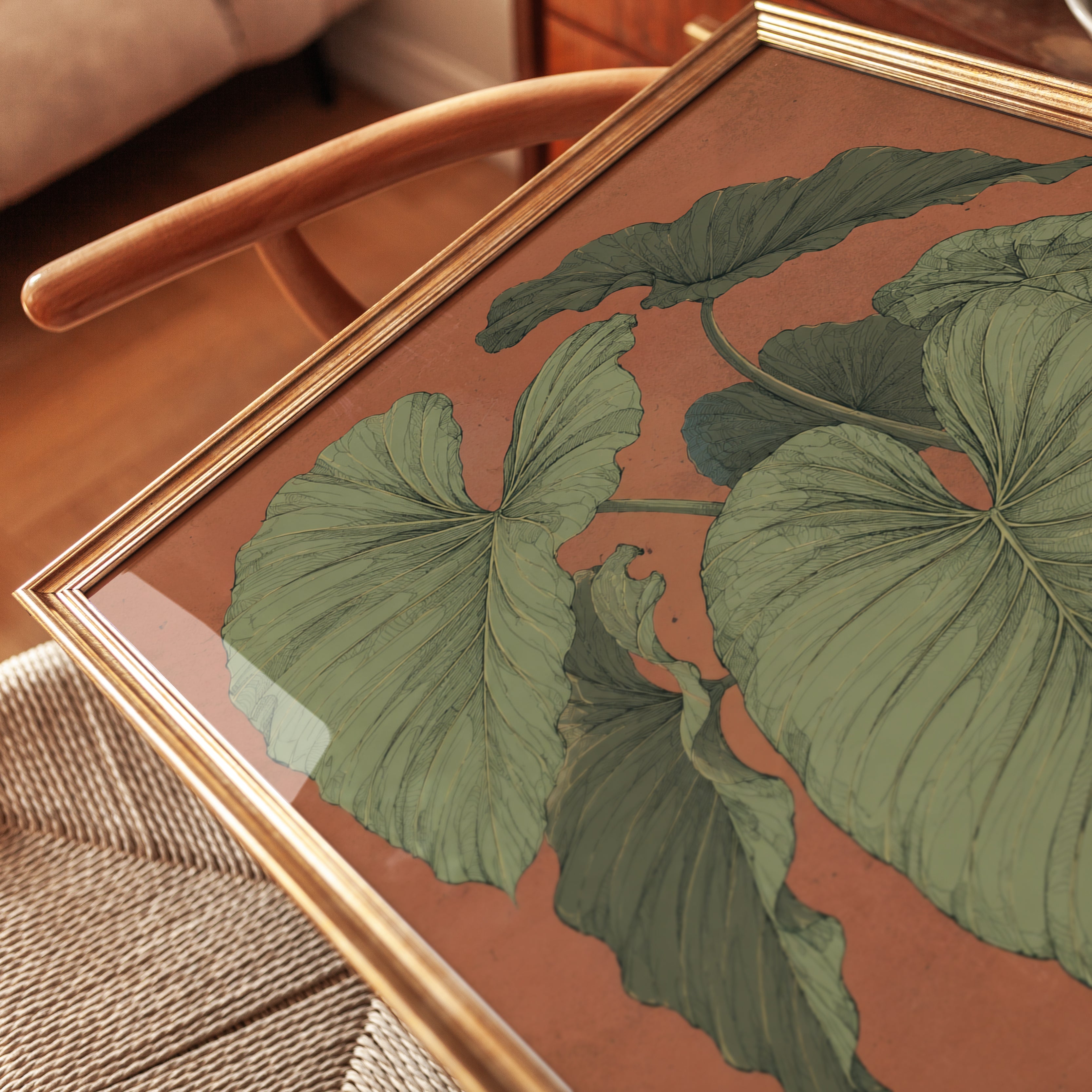 Tropical Leaves Botanical Print: Japanese Woodblock Style Green Coral - detail