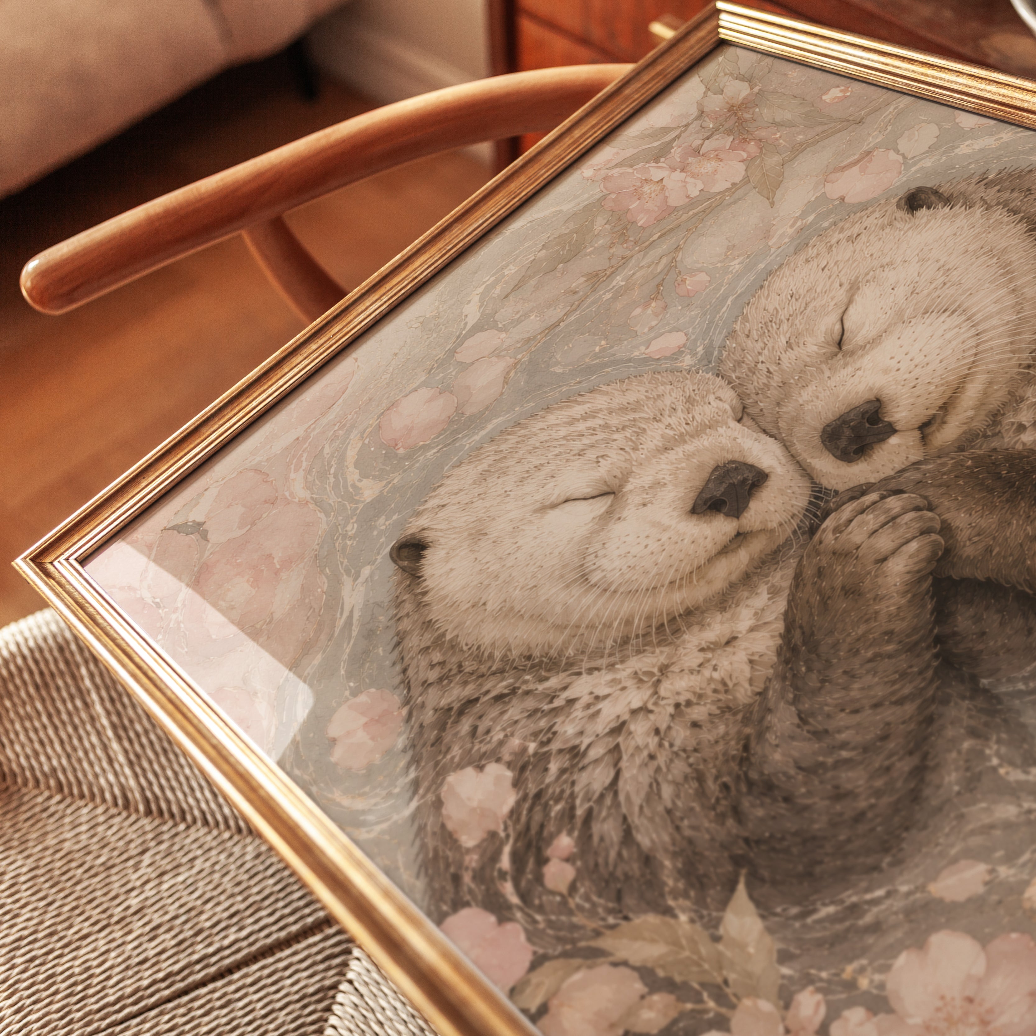 Whimsical Otter Art Print — Hand-Painted Cherry Blossom Illustration - detail