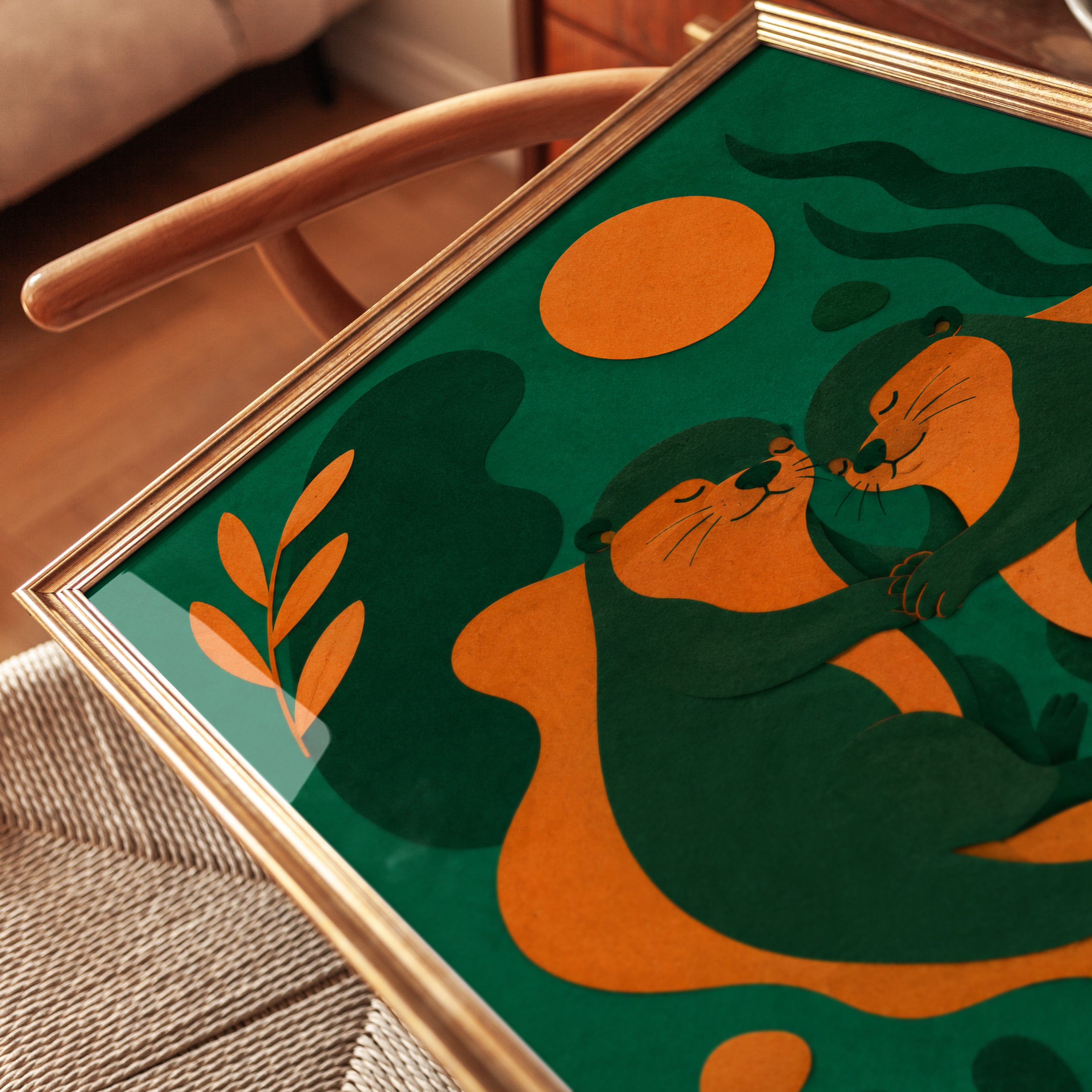 Otter Couple Art Print: Minimalist Green and Orange Wildlife - detail