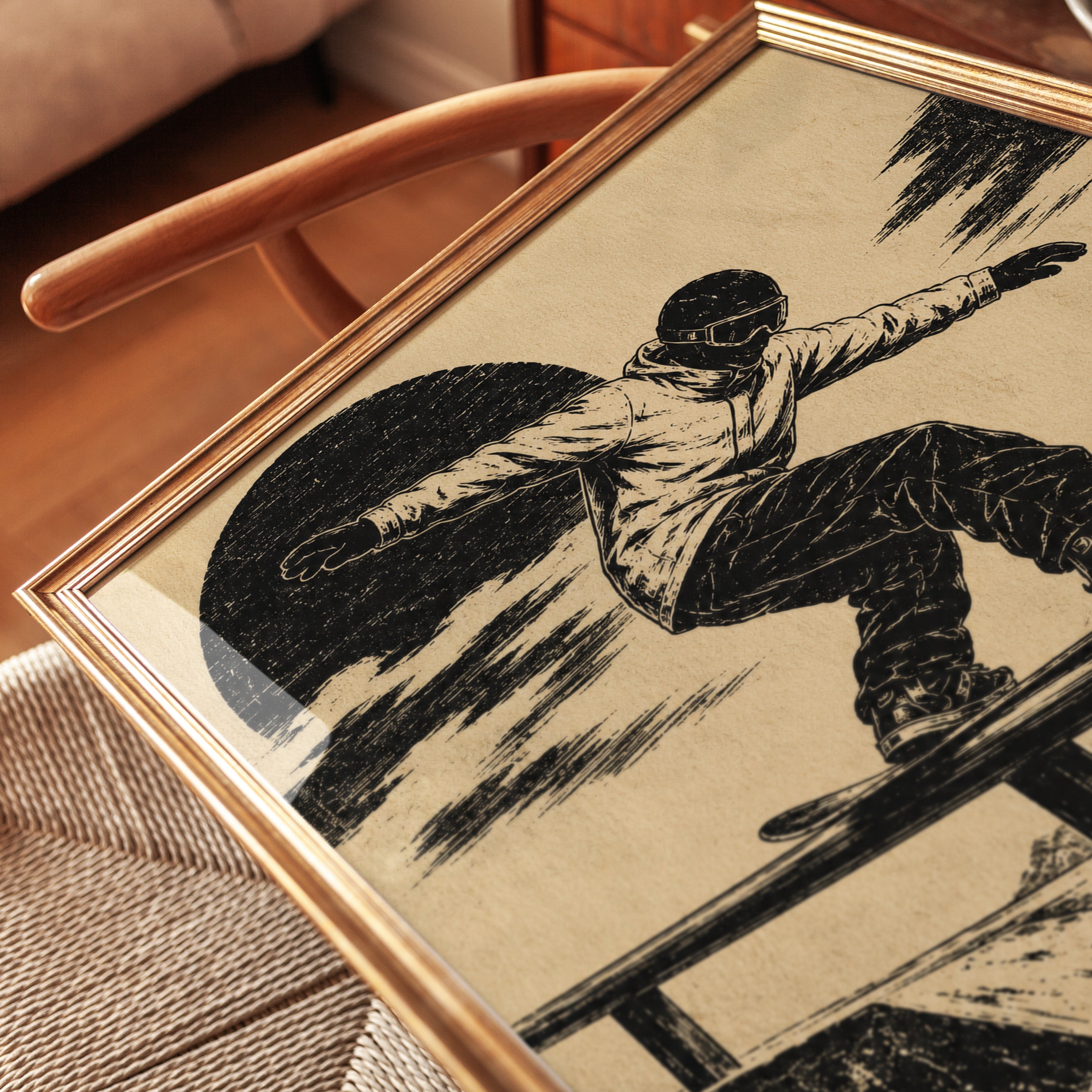 Snowboarder Rail Slide Print: Vintage Woodcut Mountain Sports Art - detail