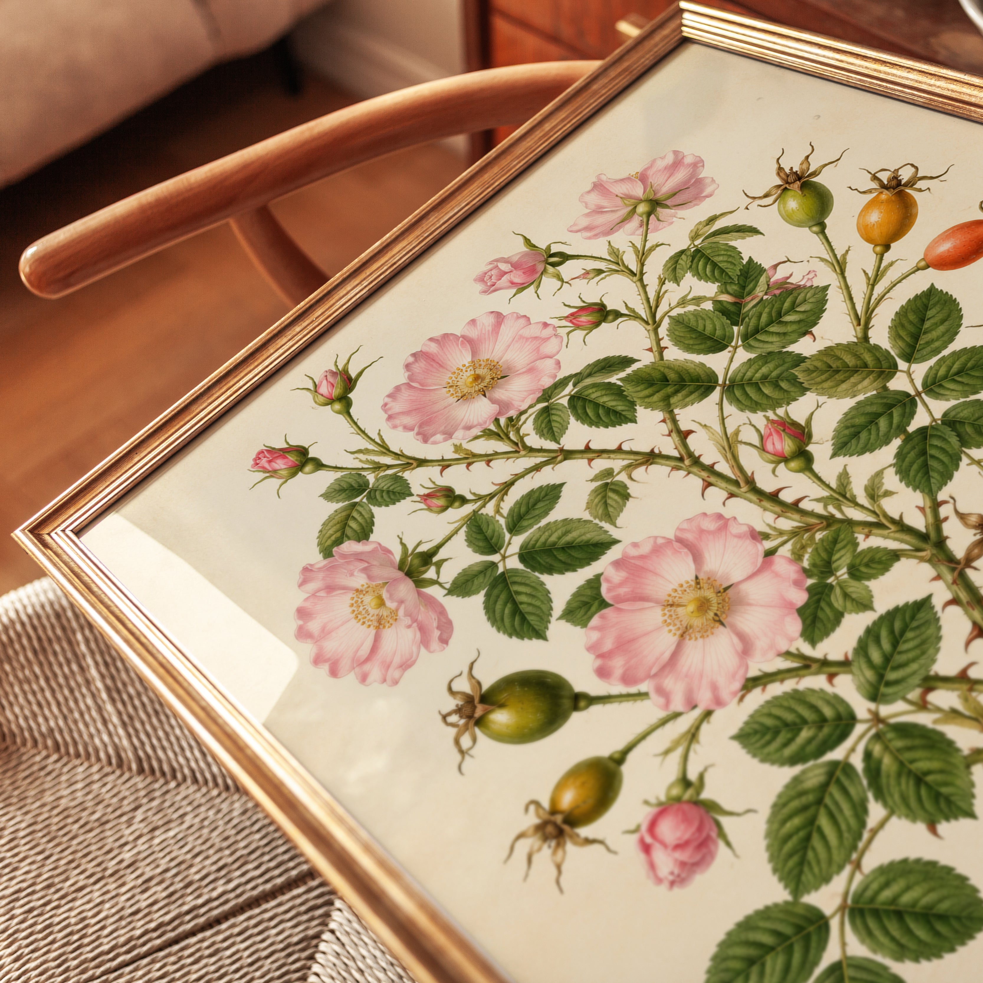 Vintage Botanical Rose Print — Antique Hand-Painted Wild Rose - detail