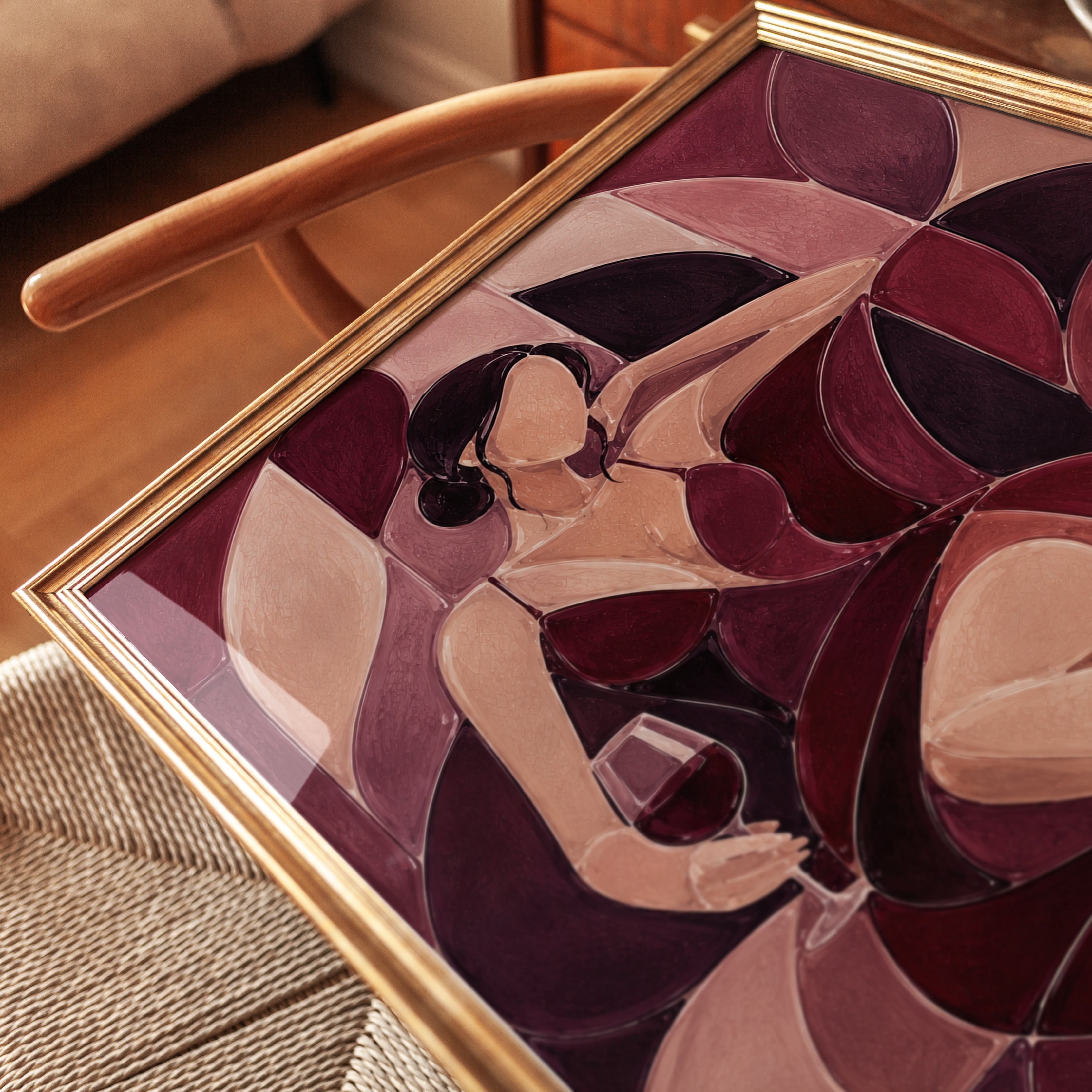 Art Deco Woman with Wine Glass: Burgundy Geometric Wall Art - detail