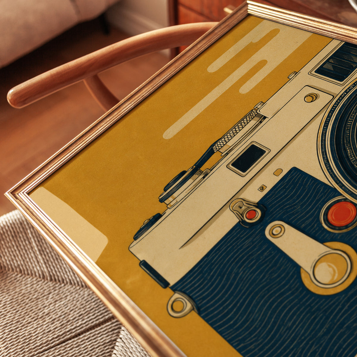 Vintage Leica Camera Print: Retro Mid-Century Art in Mustard Yellow - detail