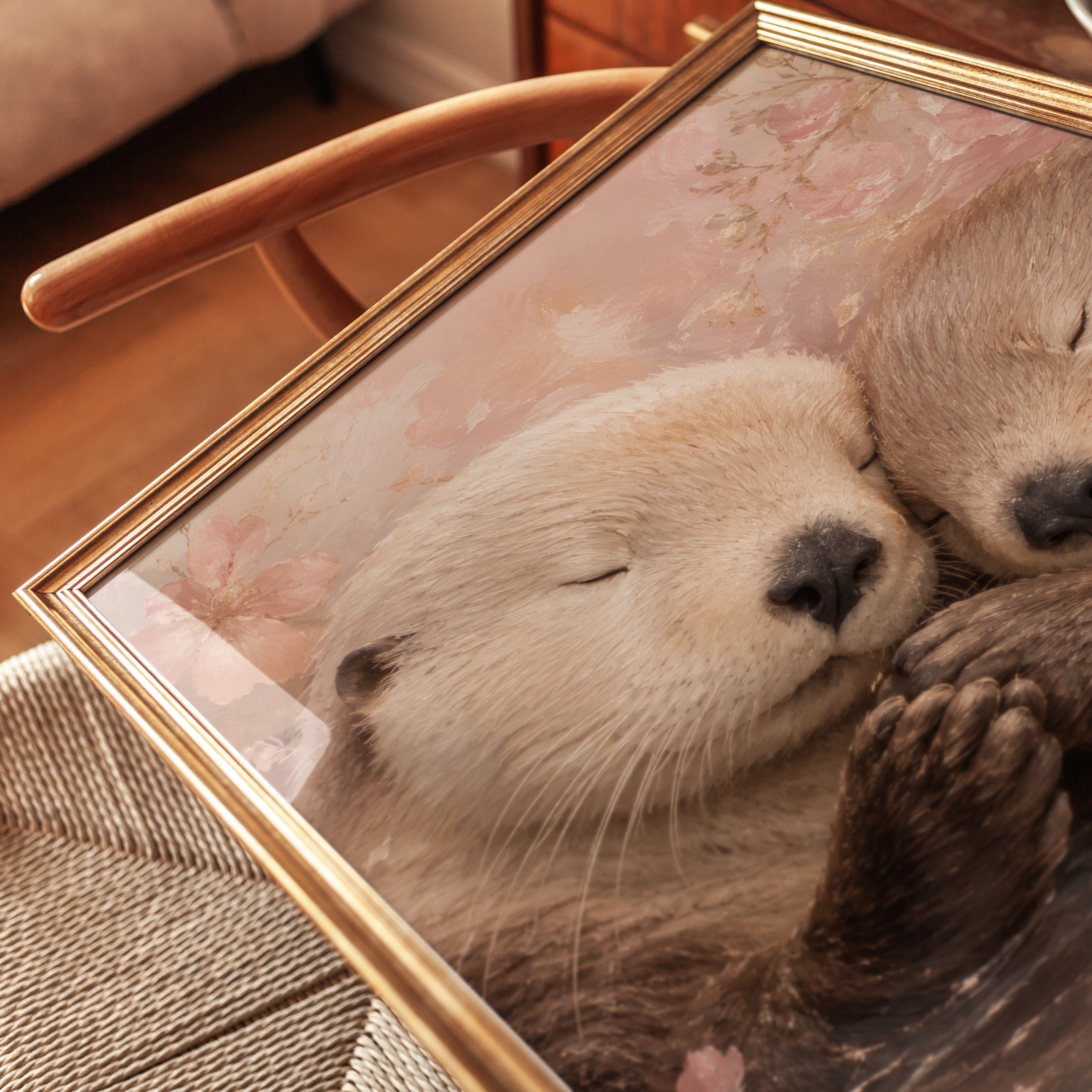 Otter Art Print — Soft Watercolor with Cherry Blossoms - detail