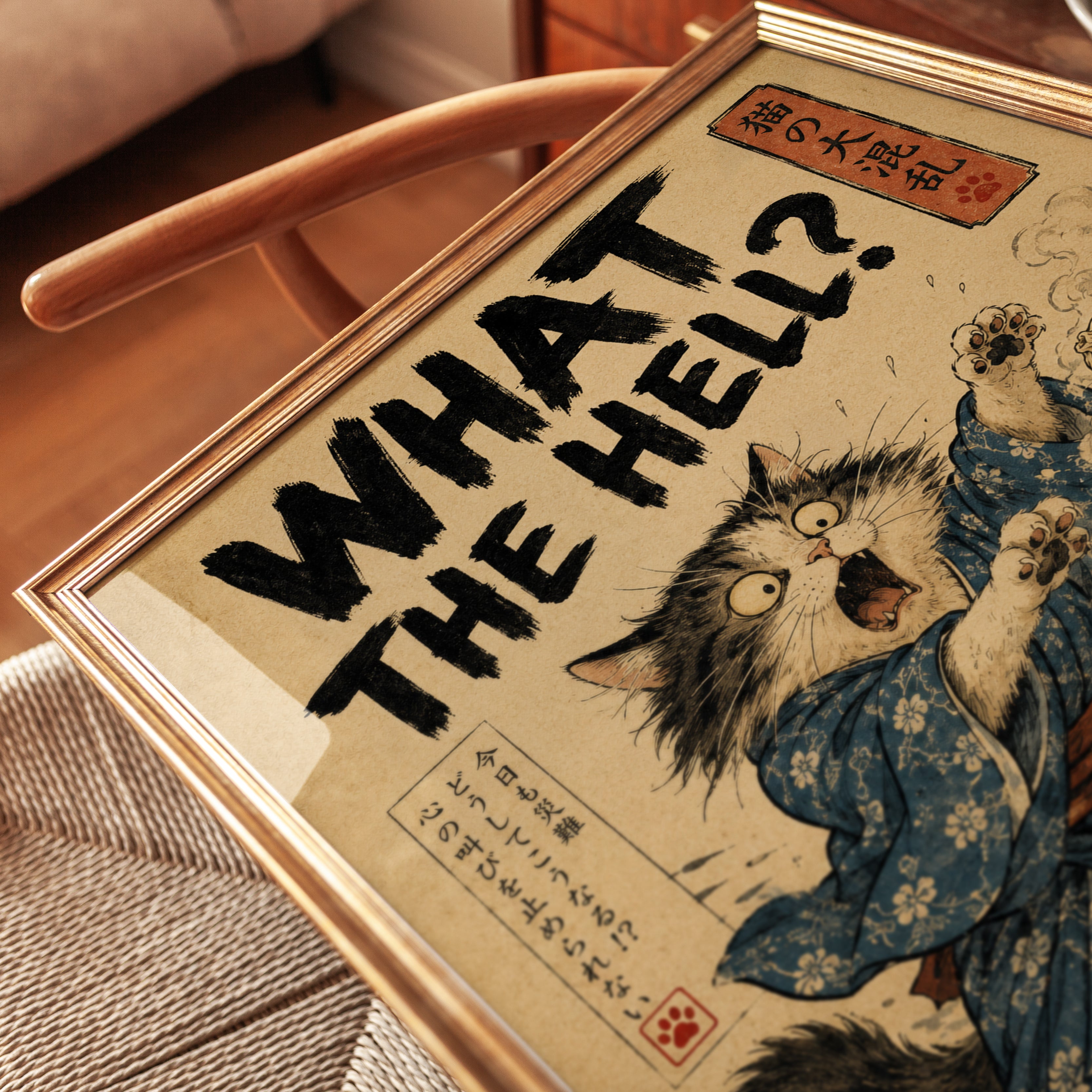 Japanese Cat Ukiyo-e Print: What The Hell Meme Wall Art - detail