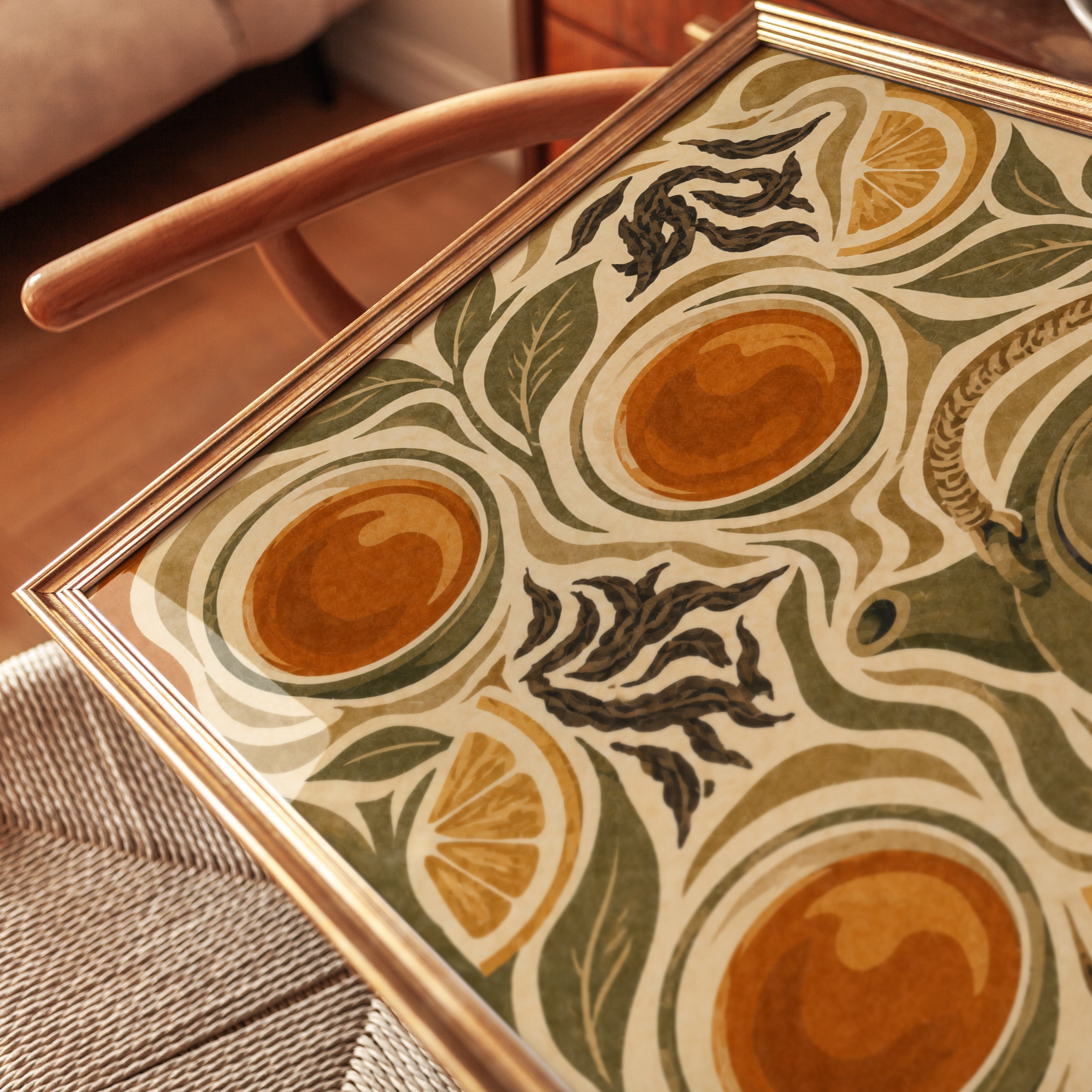 Art Nouveau Tea Pot Print: Vintage Orange and Green Design - detail