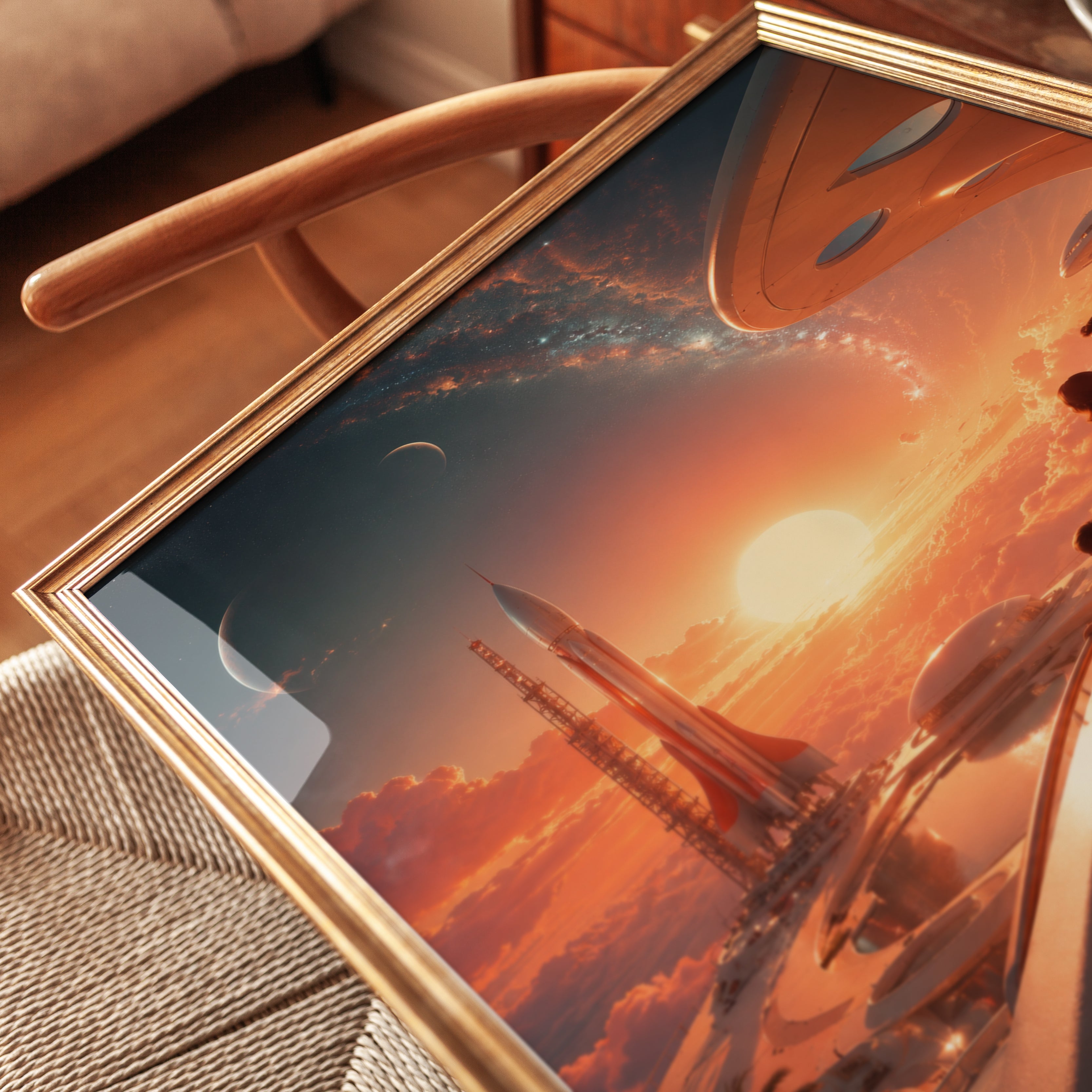Retro Futuristic Space Colony Art Print: Orange Sunset Vision - detail