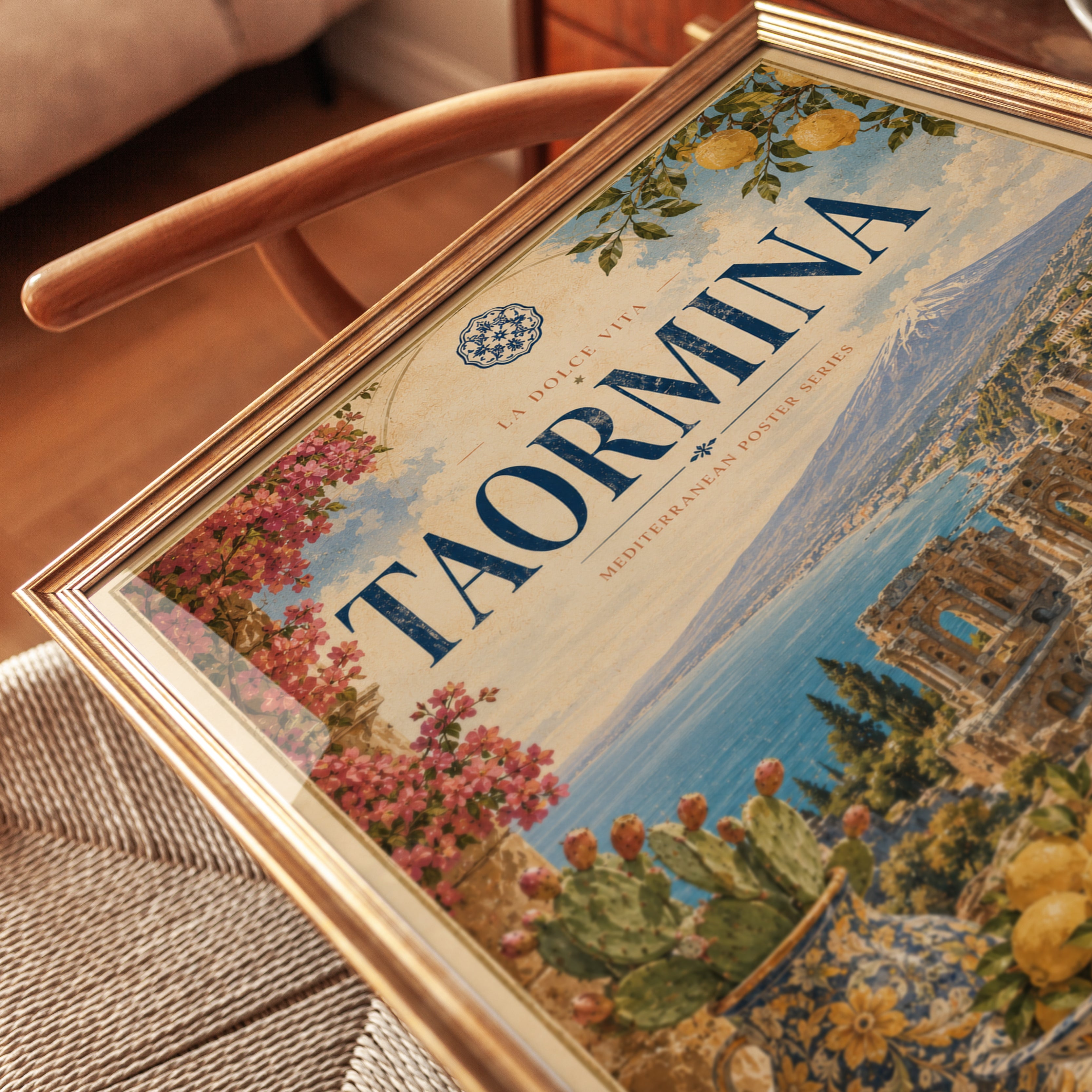 Taormina Italy Travel Poster — Vintage Mediterranean Coast Print - detail