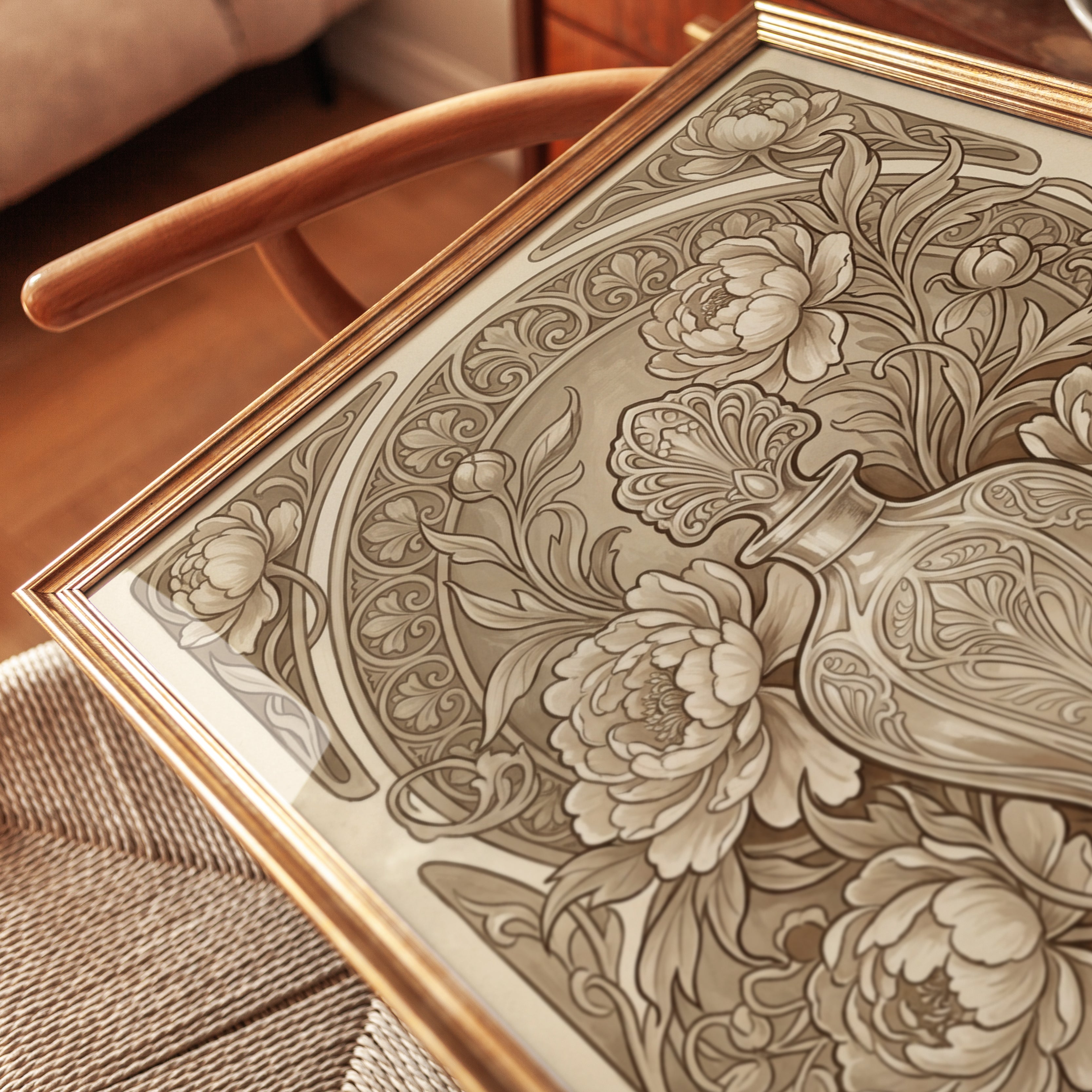 Art Nouveau Peony Vase Print: Sepia Decorative Floral Design - detail