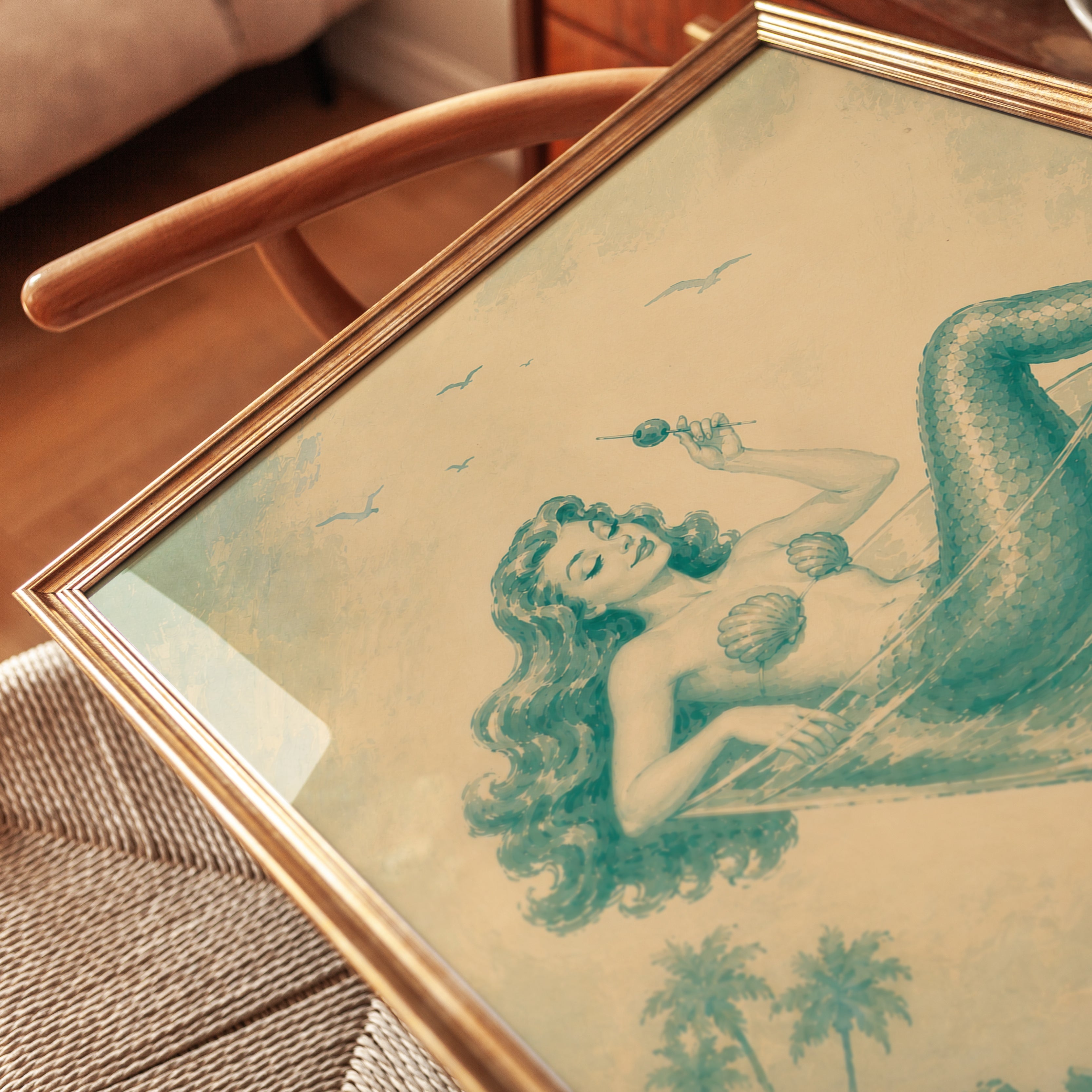 Mermaid Martini Art Print: Vintage Teal Beach Cocktail Poster - detail