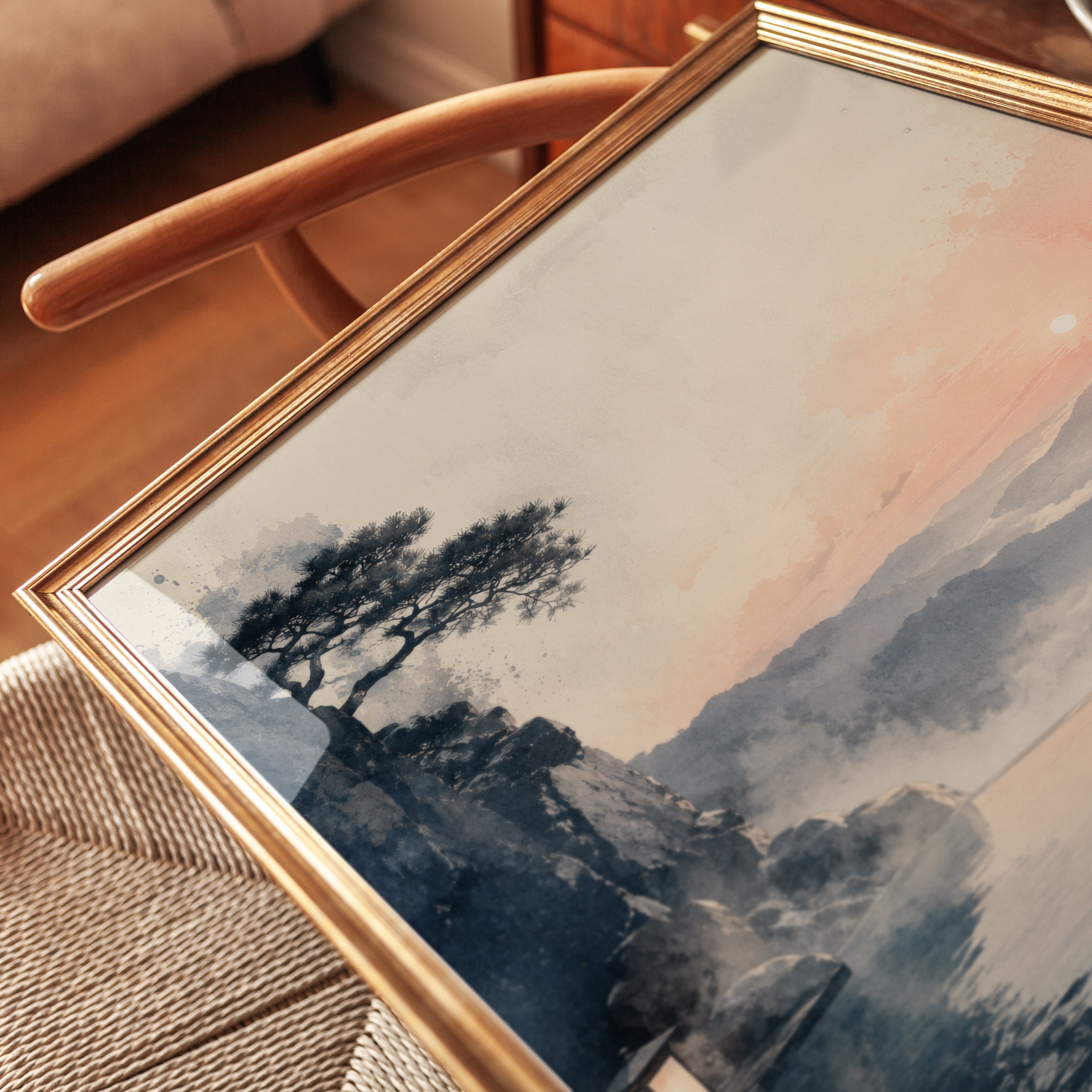 Japanese Landscape Print – Mountain Lake Wall Art - detail