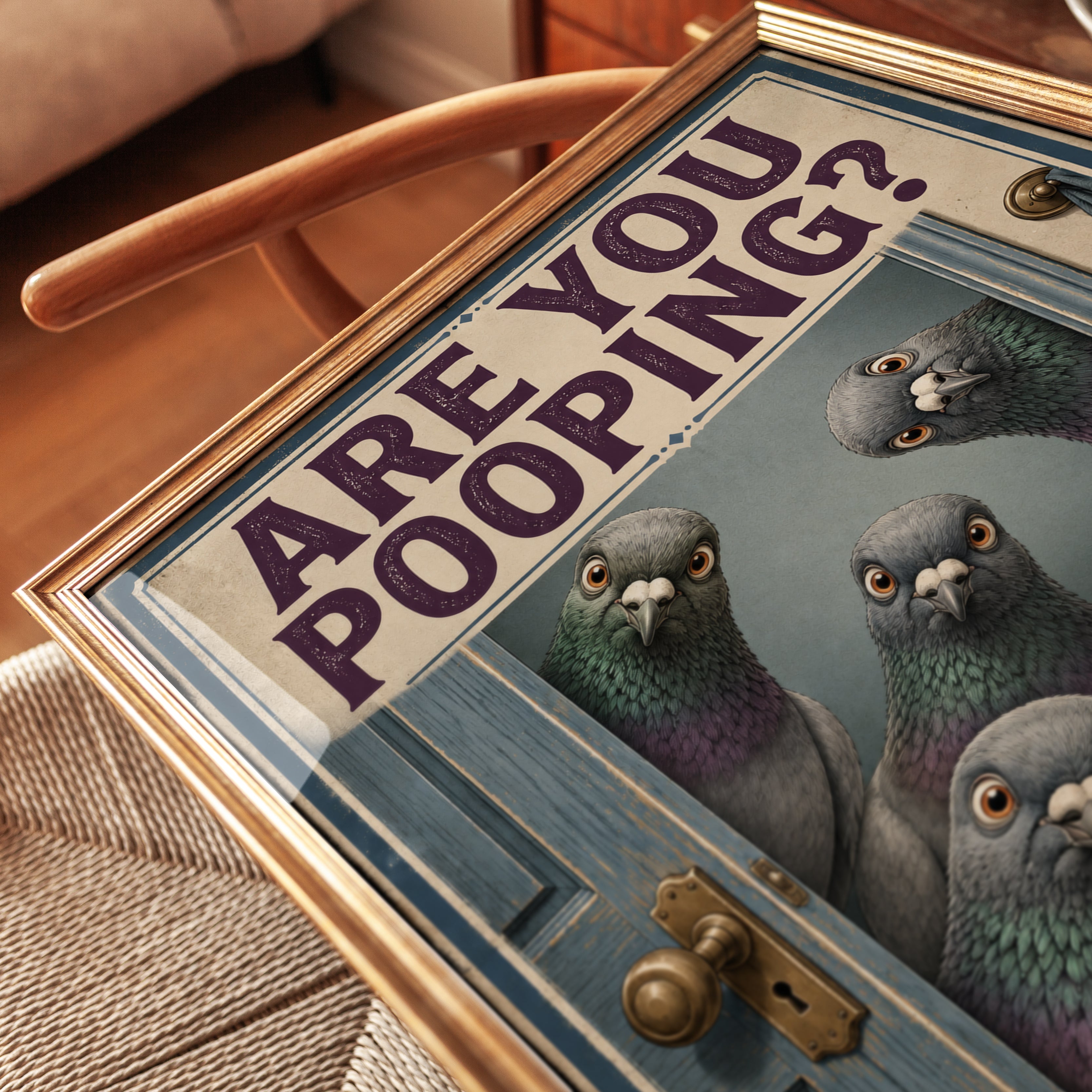 Pigeon Inspection Society Print: Funny Vintage Bathroom Wall Art - detail