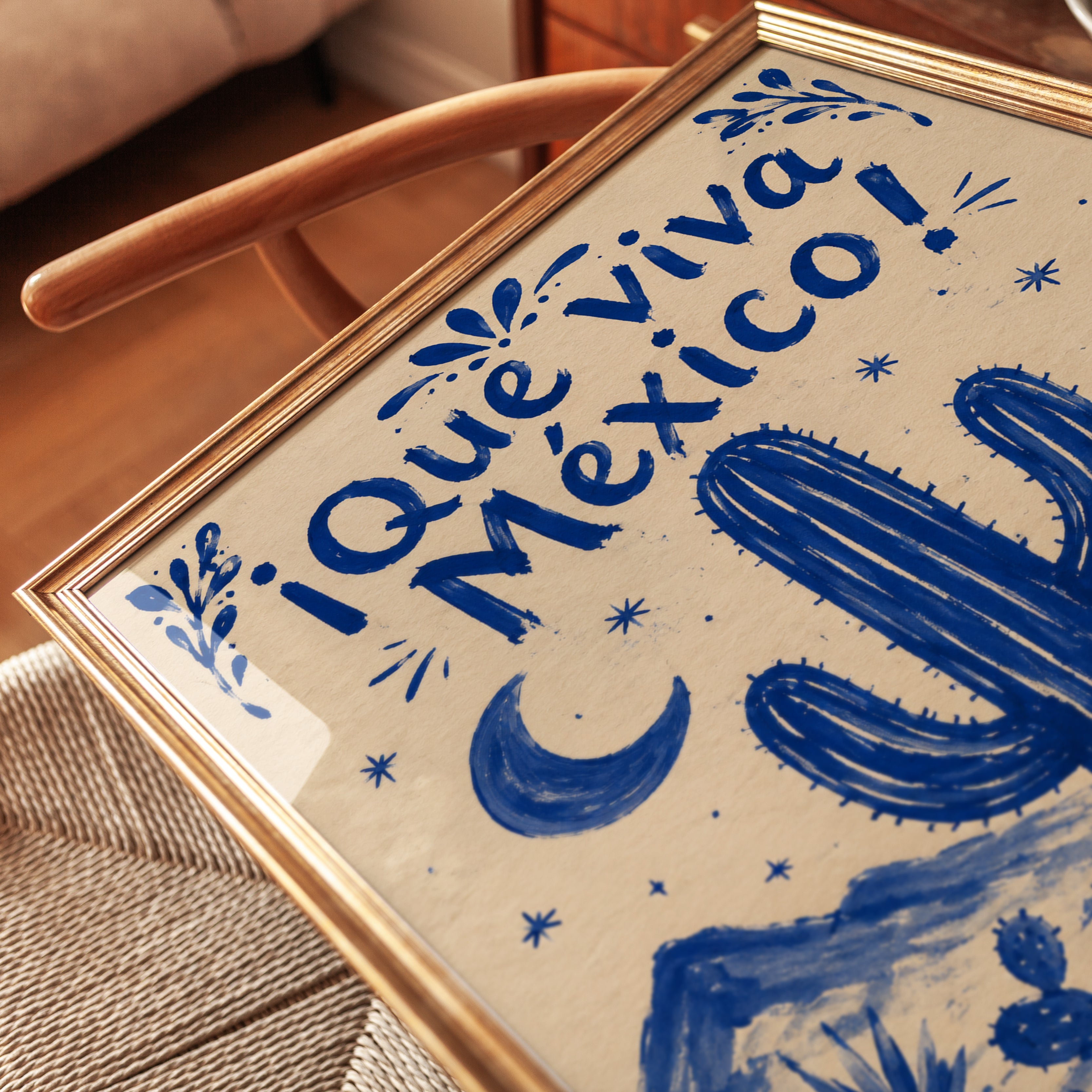 Que Viva Mexico Folk Art Print: Blue Desert Cactus Design - detail