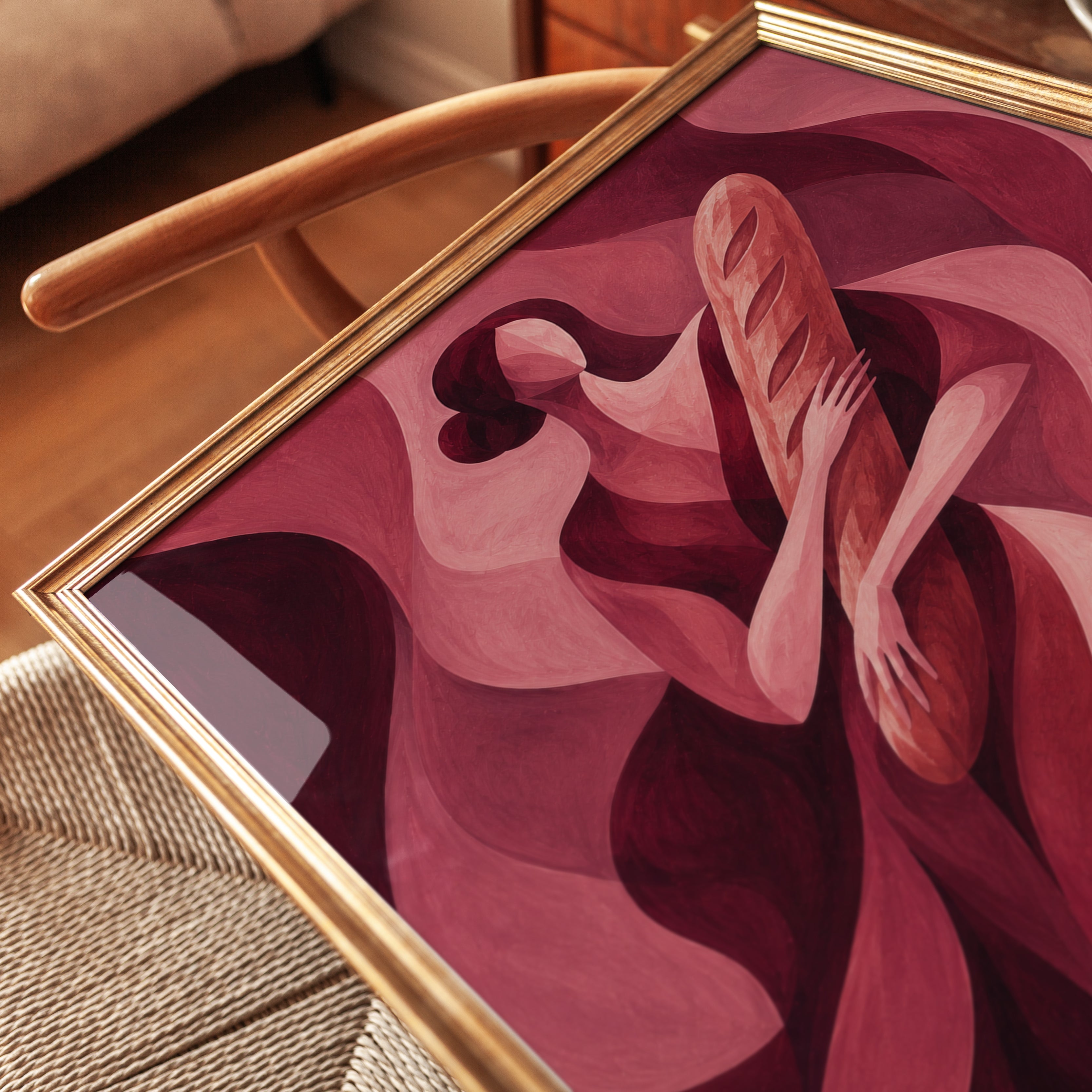Abstract Woman with Feather: Art Deco Pink Flowing Forms Print - detail