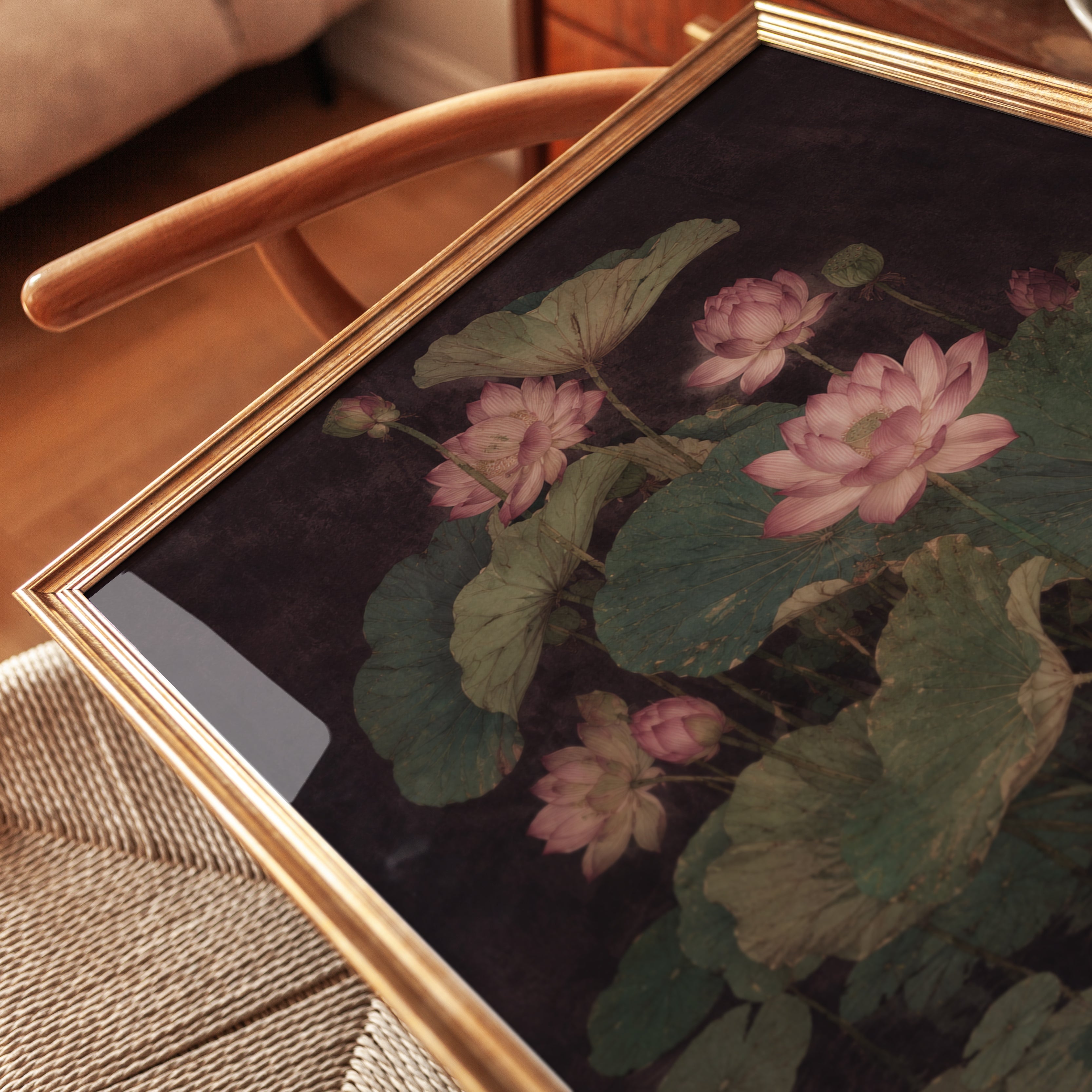 Lotus Flower Botanical Print – Vintage Asian Inspired Dark Moody Wall - detail