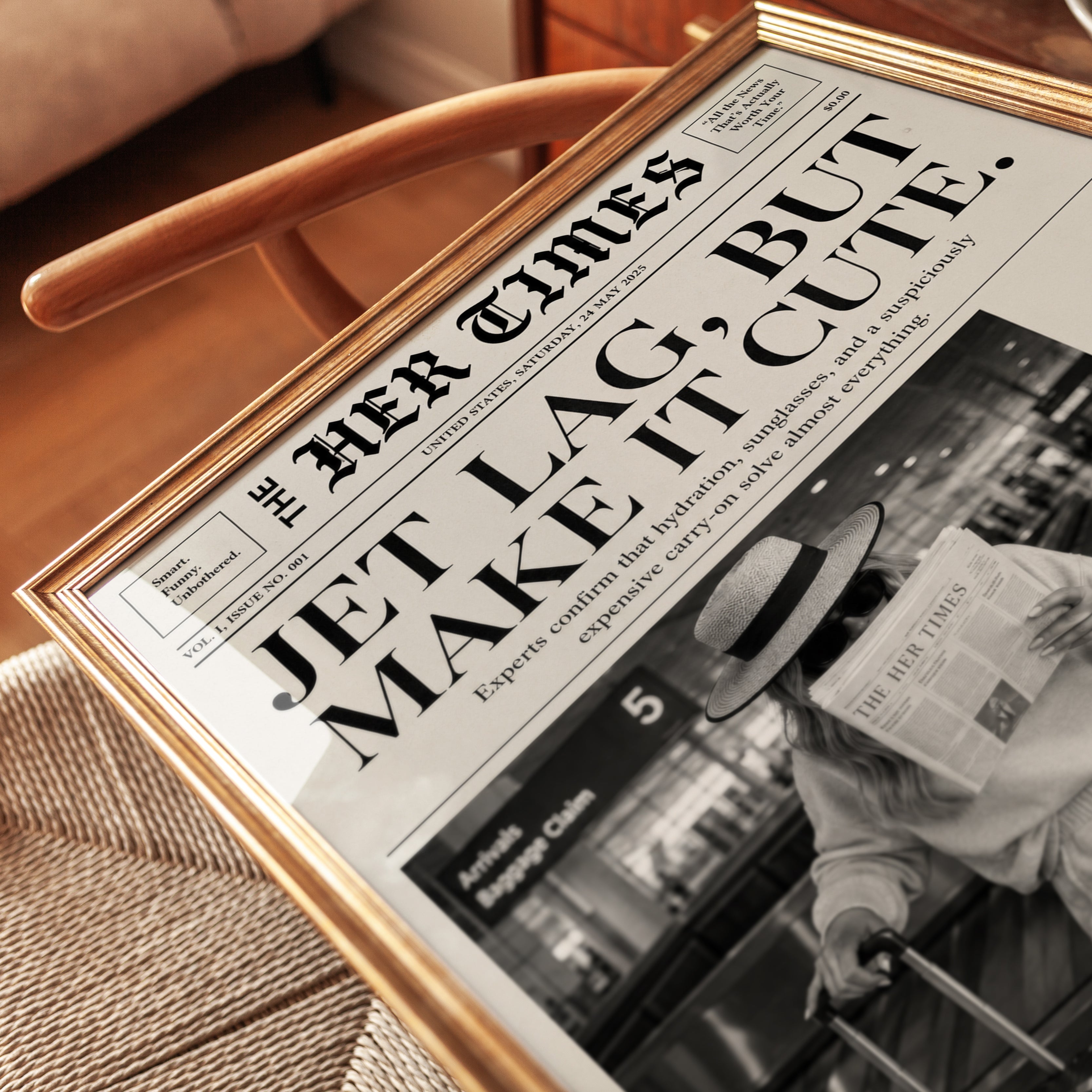 Jet Lag Travel Newspaper Print: Vintage Black and White Art - detail