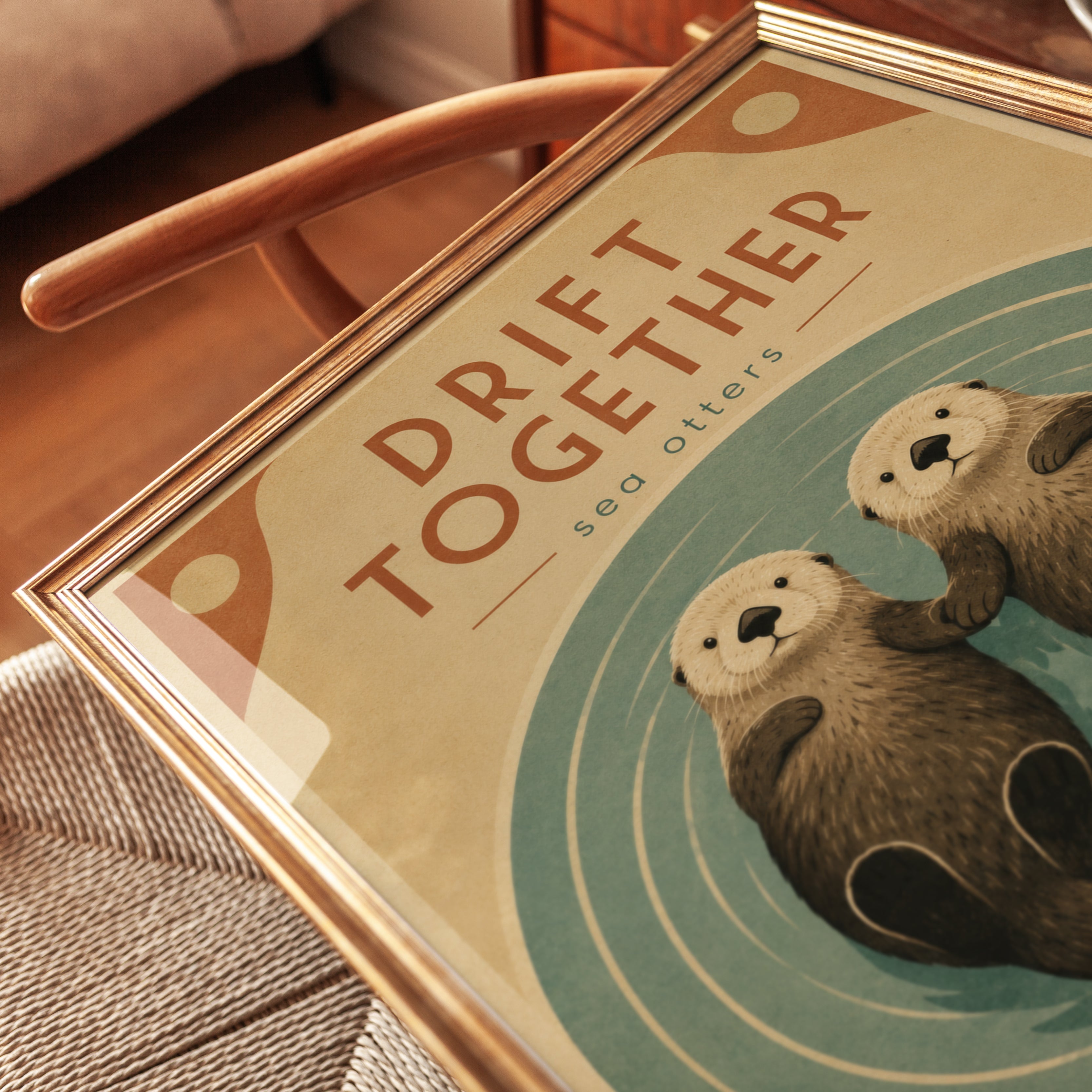 Drift Together Sea Otters Print: Vintage Style Wildlife Art - detail