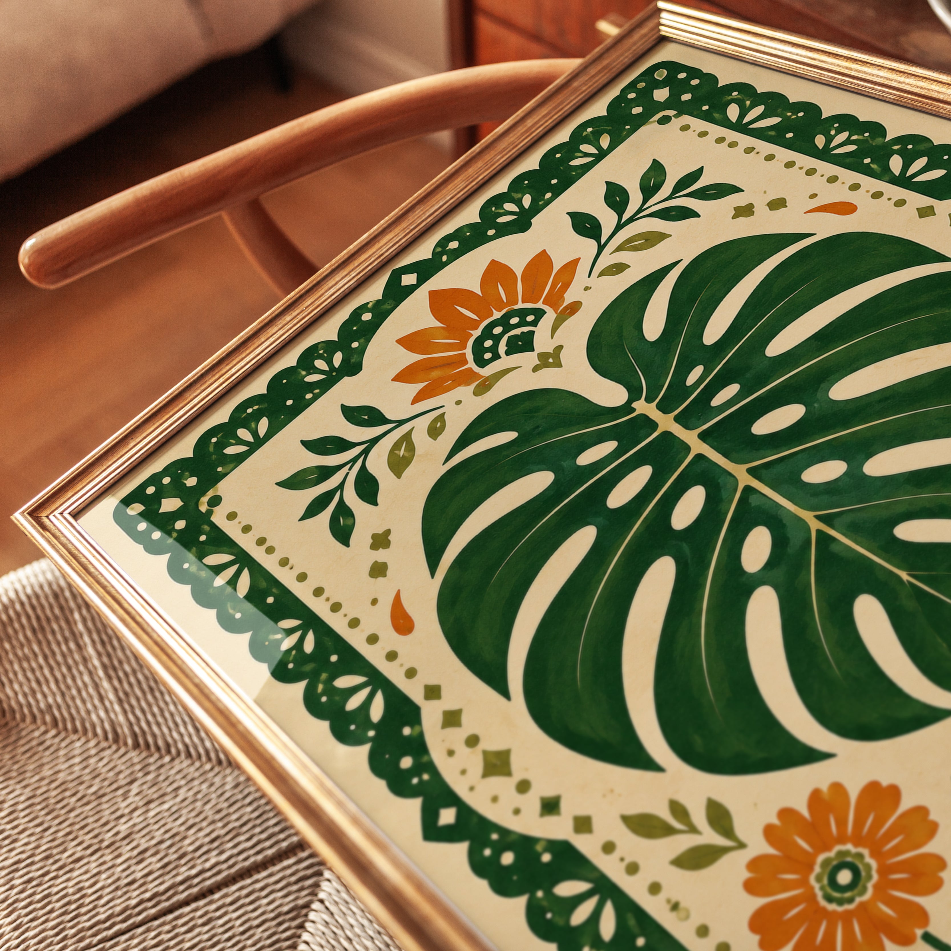 Folk Art Botanical Print – Monstera Wall Art - detail