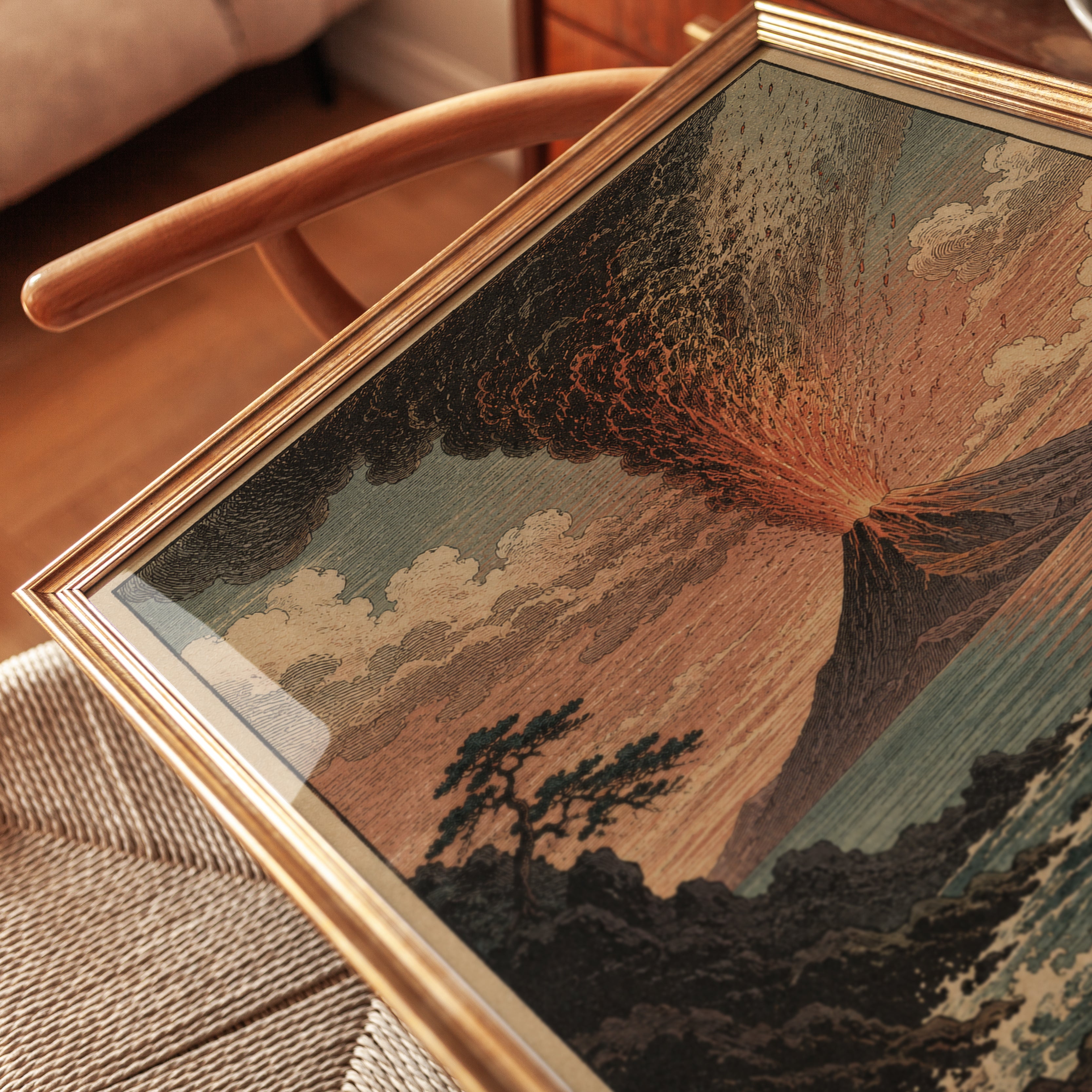 Vintage Volcano Eruption Print — Japanese Woodblock Style - detail