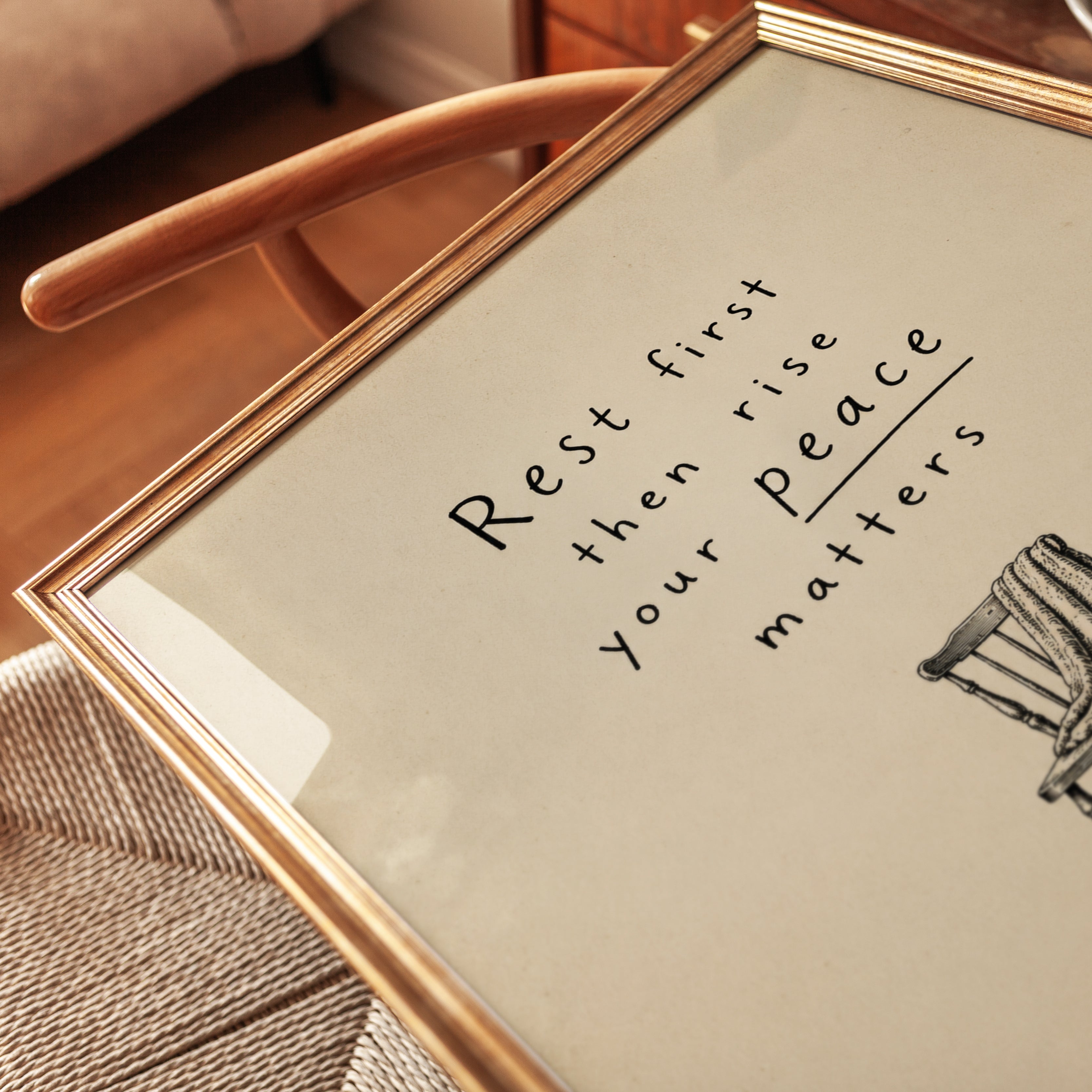 Rest First Then Rise Art Print: Mindfulness Quote with Vintage Chair - detail