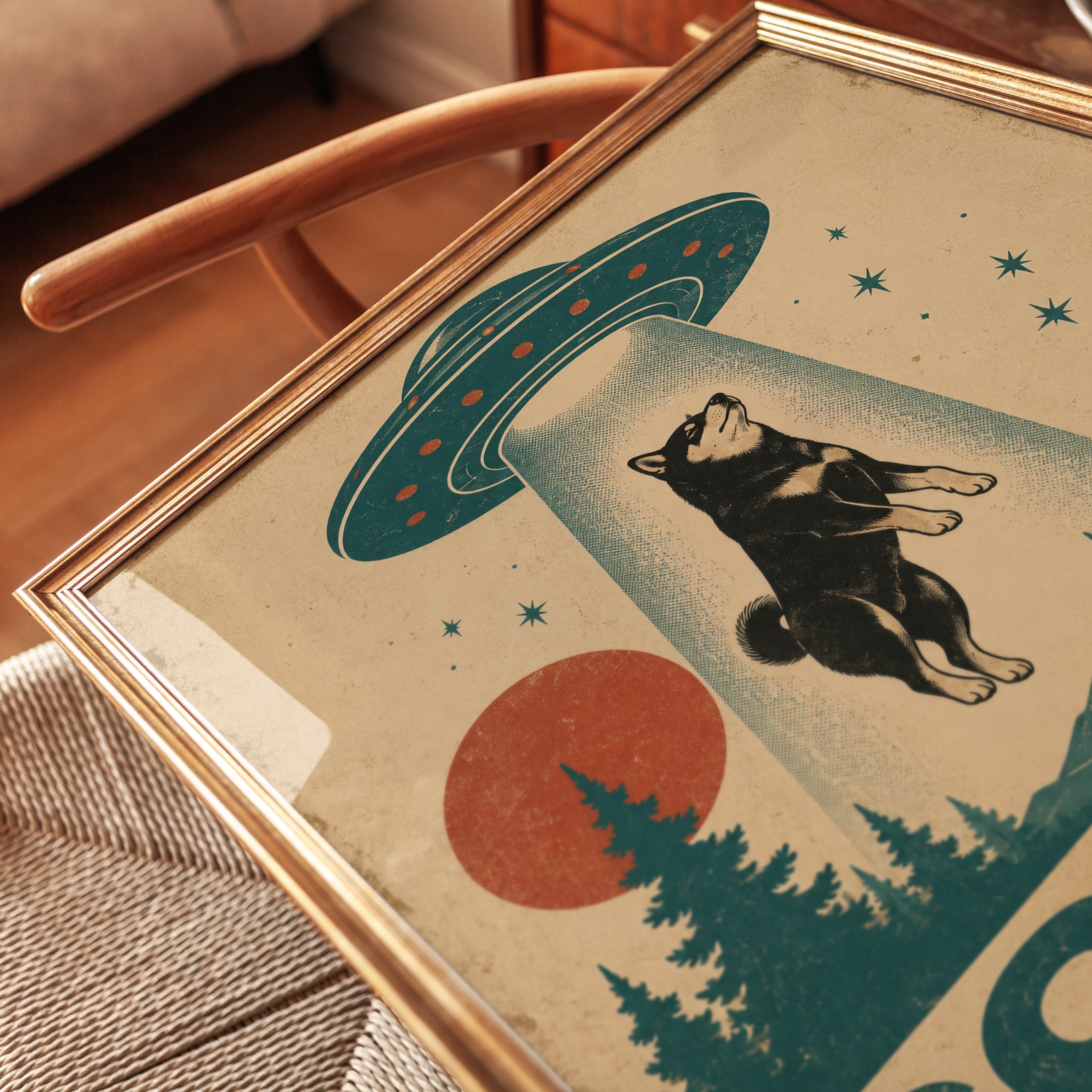 Shiba Inu Wall Art – Retro UFO Dog Poster - detail