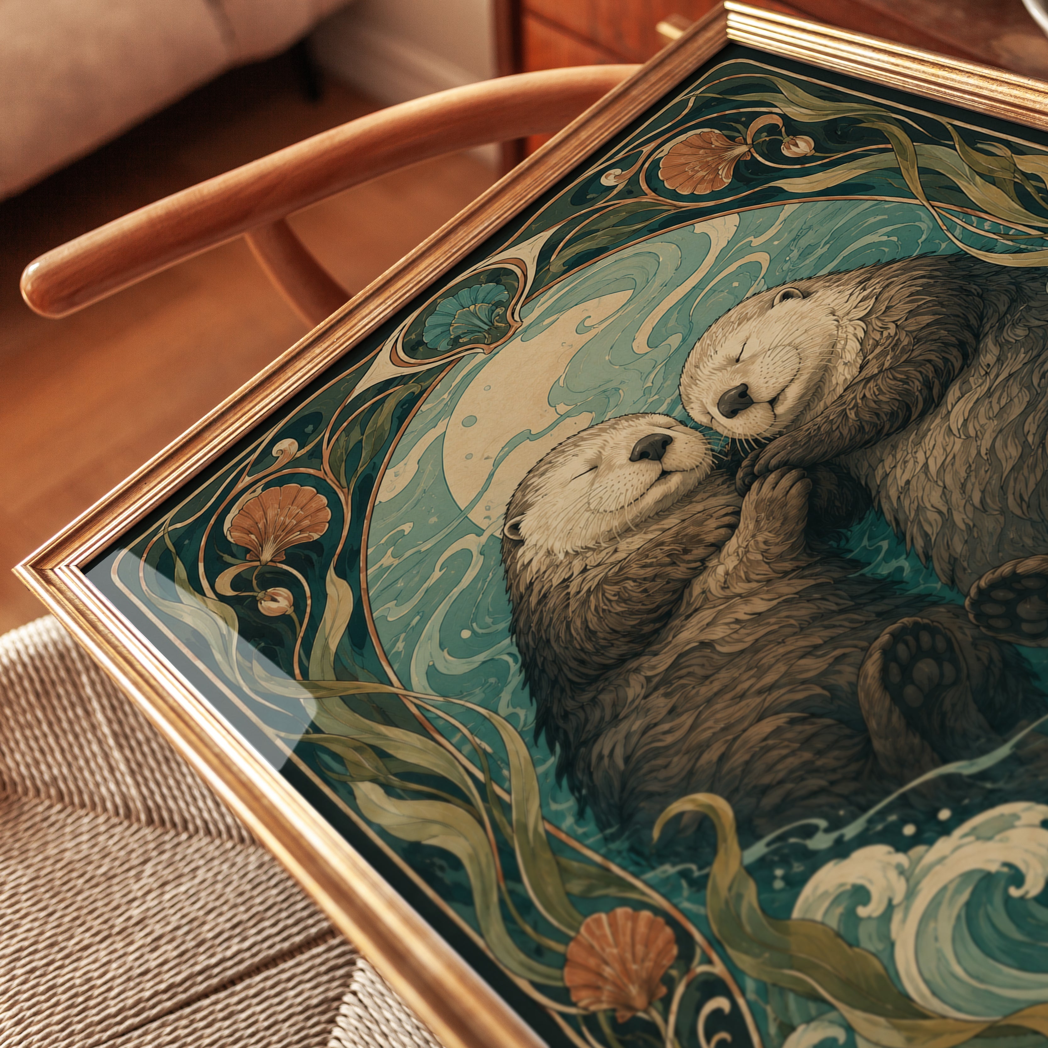 Sea Otter Art Nouveau Print — Vintage Ocean Romance - detail