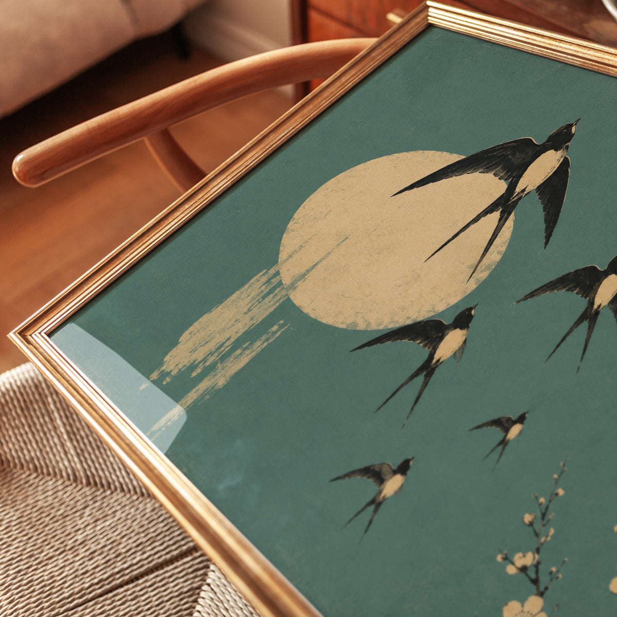 Swallows Art Print: Japanese Vintage Style - detail