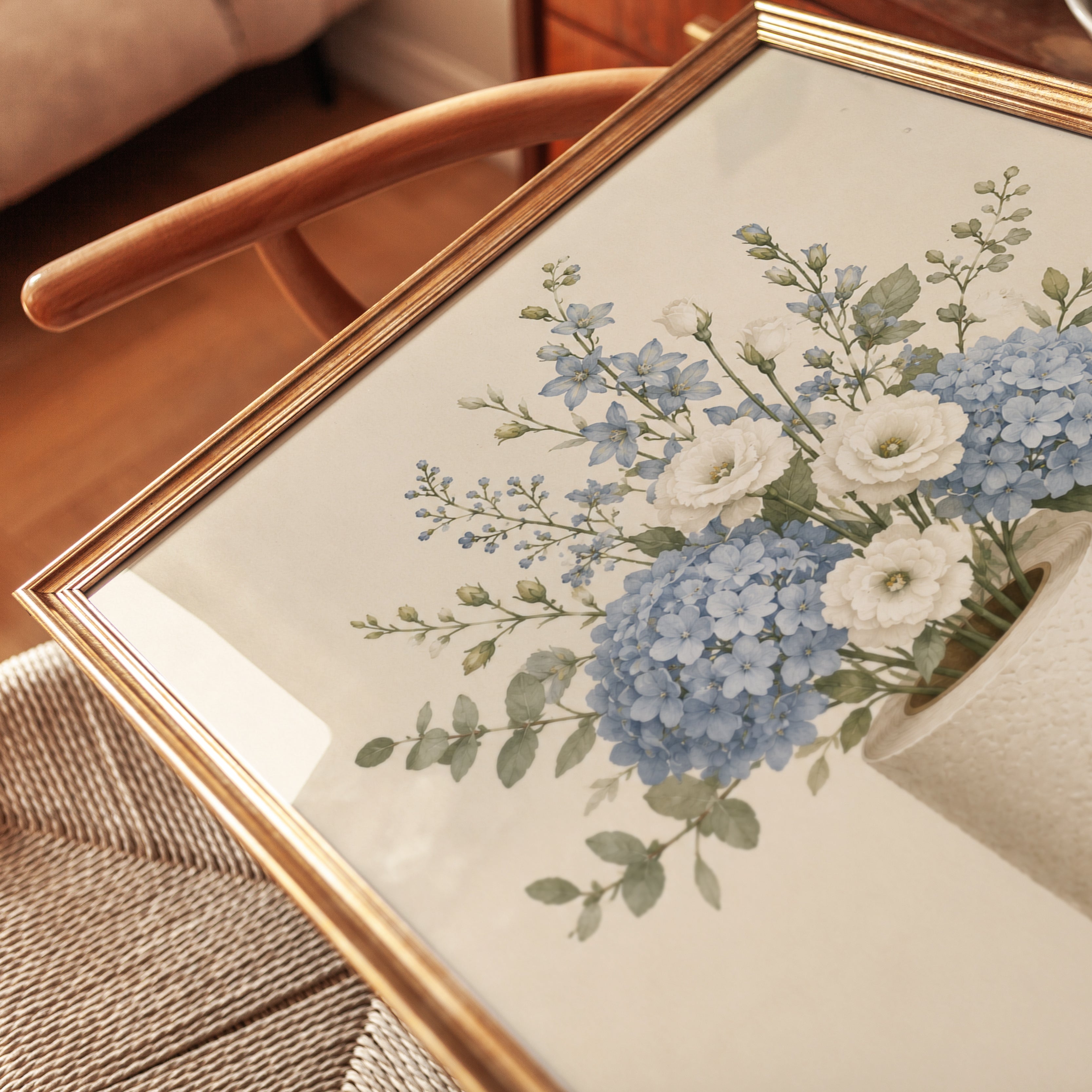 Blue Hydrangea Floral Arrangement: Soft Watercolor Art Print - detail