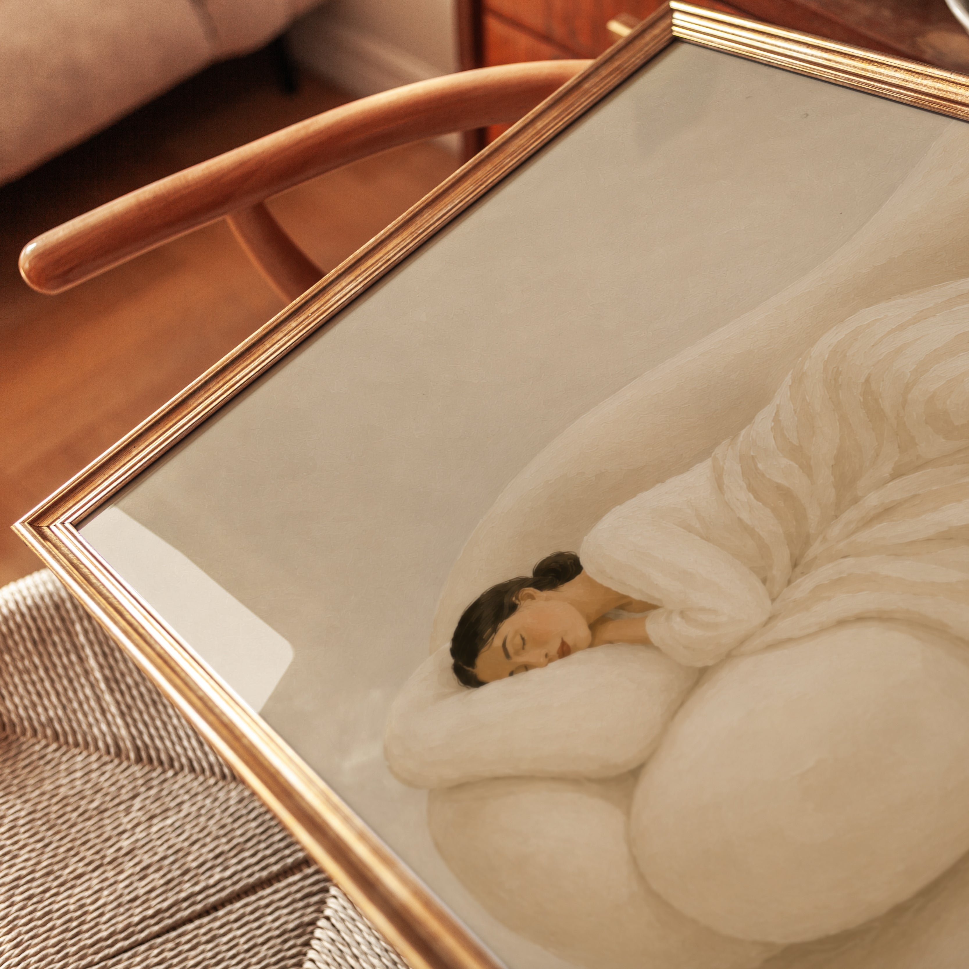 Sleeping Woman Art Print: Soft Beige Minimalist Contemporary - detail