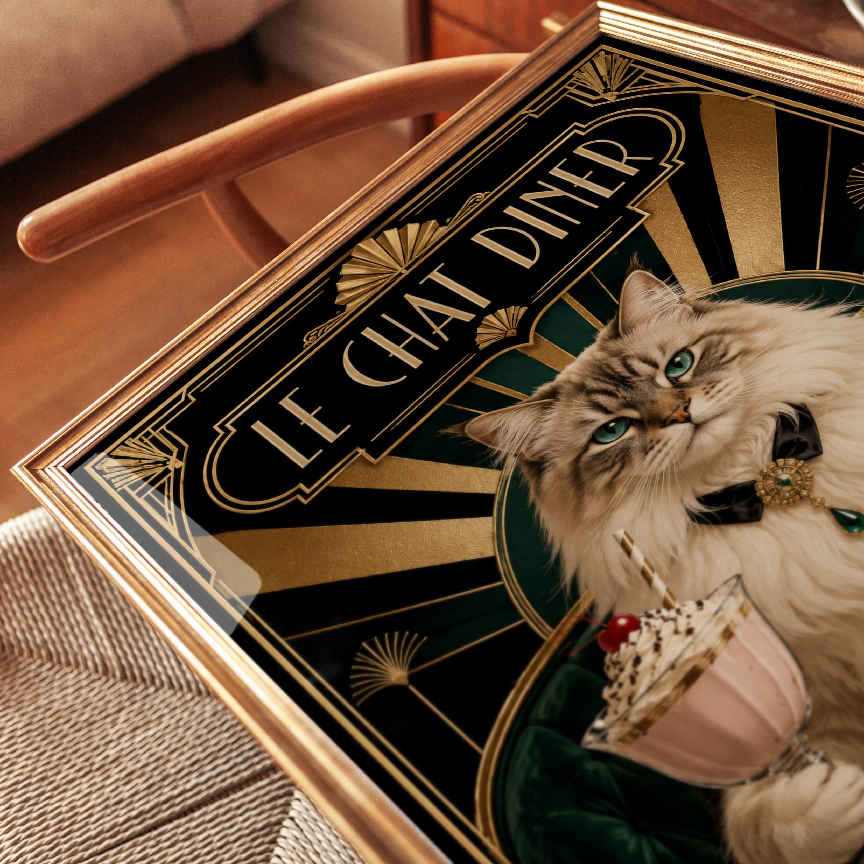 Le Chat Diner Art Deco Poster: Elegant Cat With Dessert Print - detail