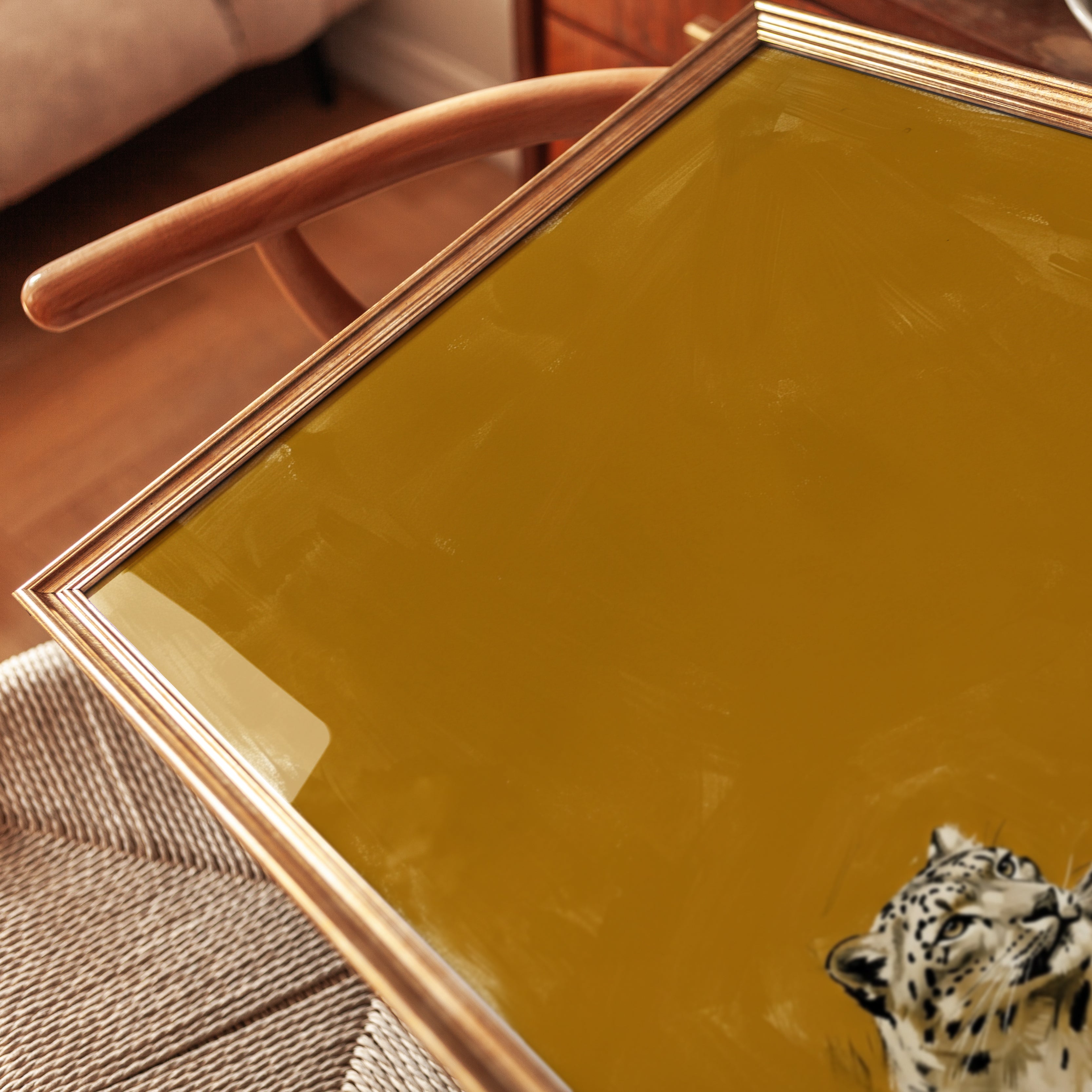 Snow Leopard Wall Art: Minimalist Wildlife on Golden Ochre - detail