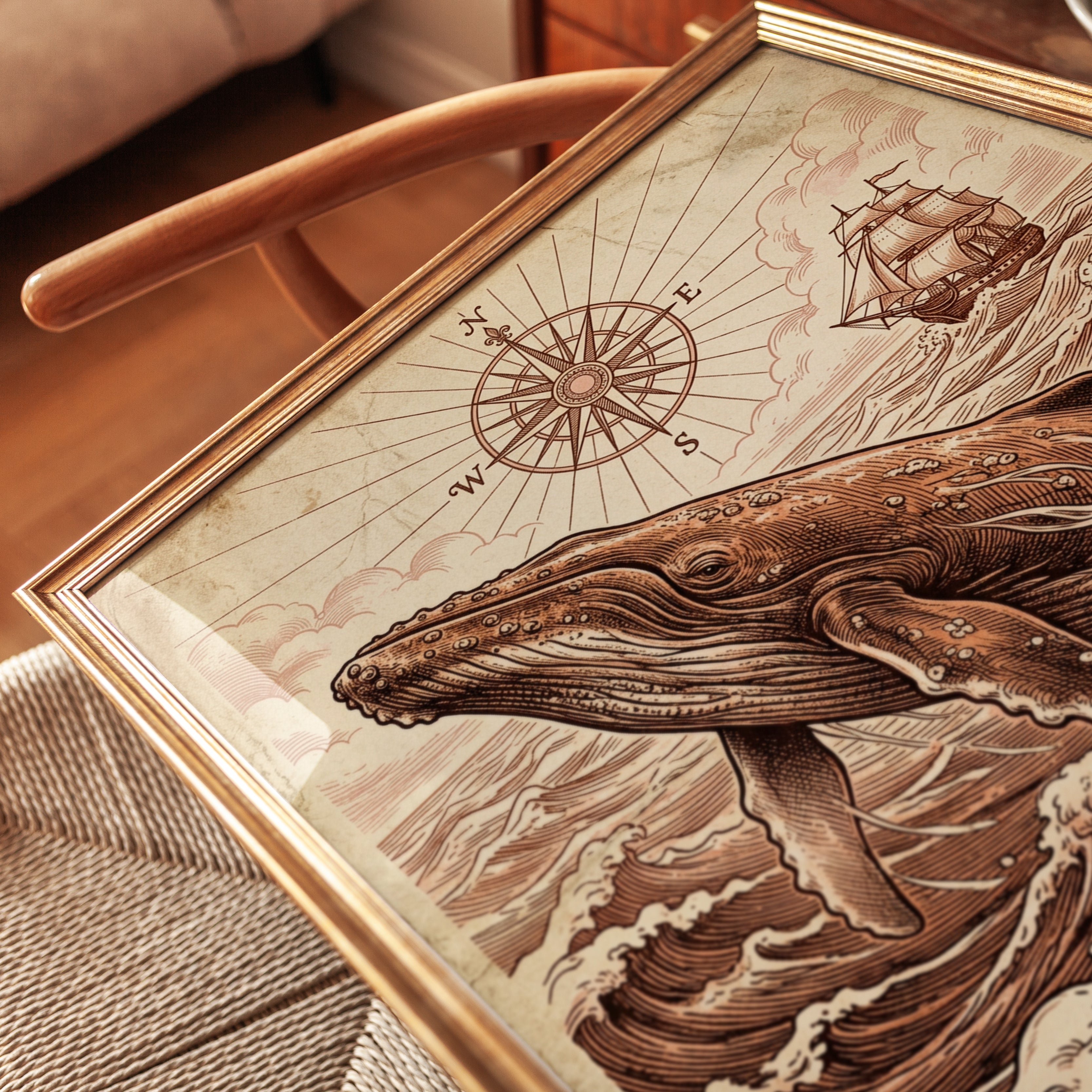 Whale Wall Art: Vintage Nautical Compass - detail