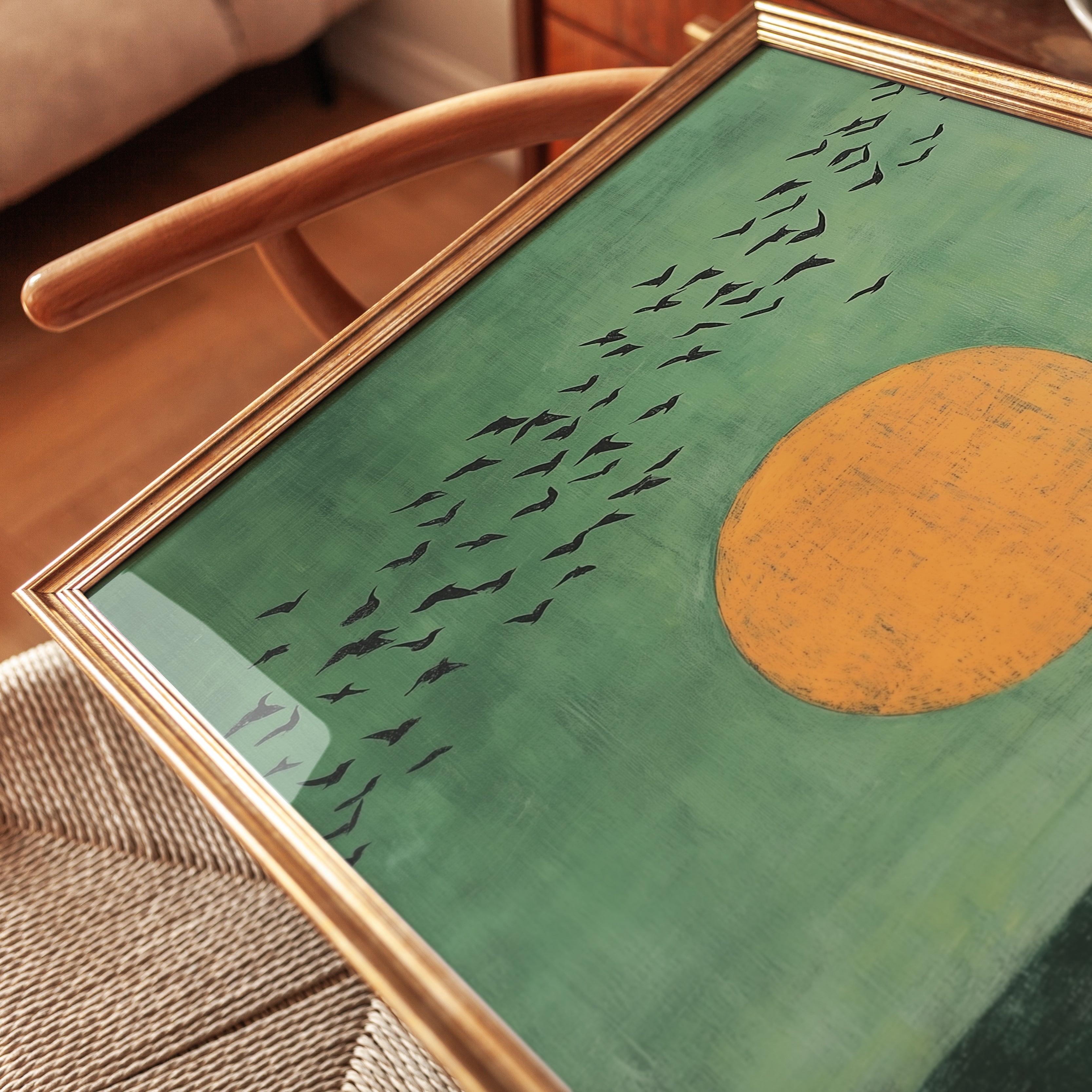 Birds in Flight Wall Art: Minimalist Nature Print (Green and Orange) - detail