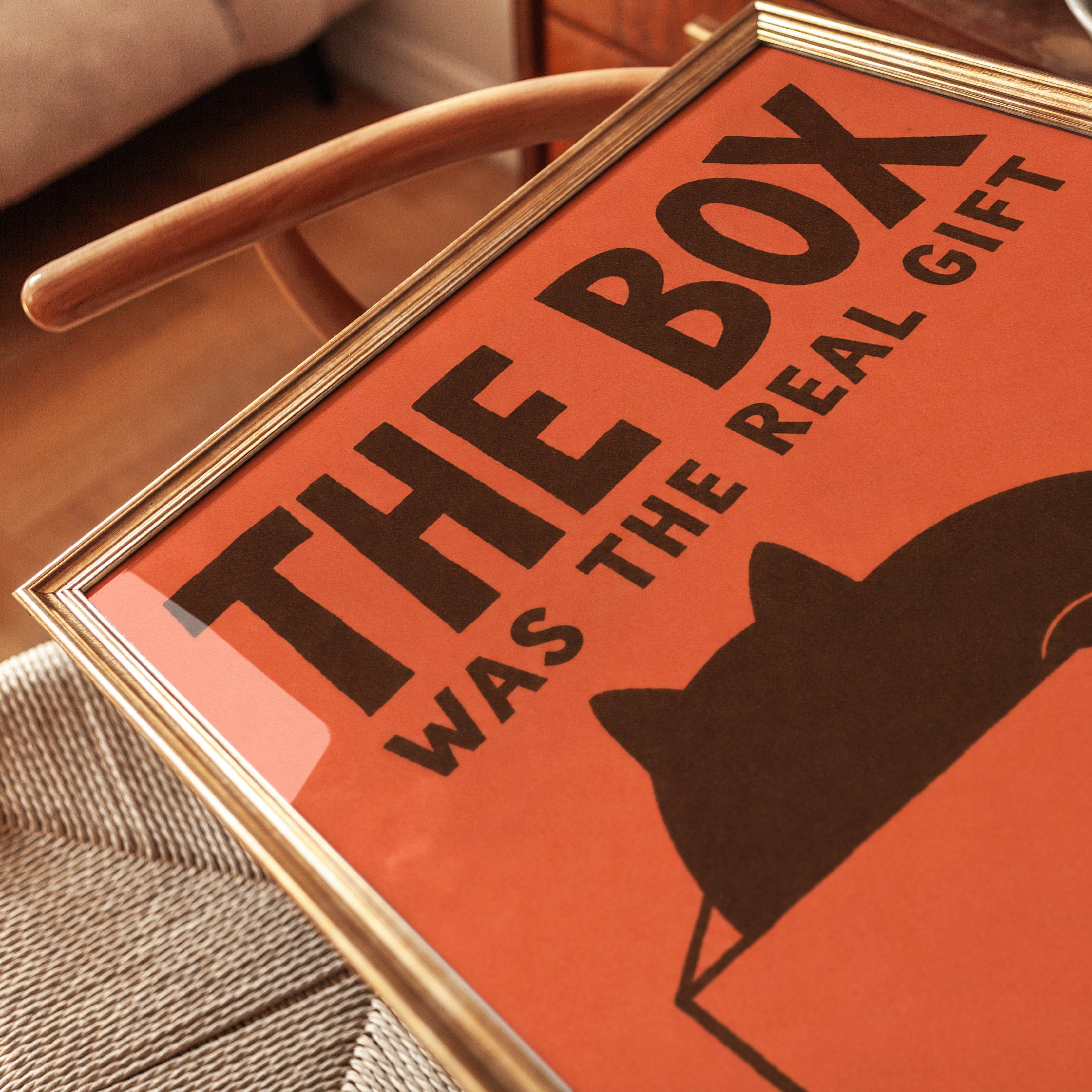 Cat in Box Typography Poster: Minimalist Orange and Black Print - detail