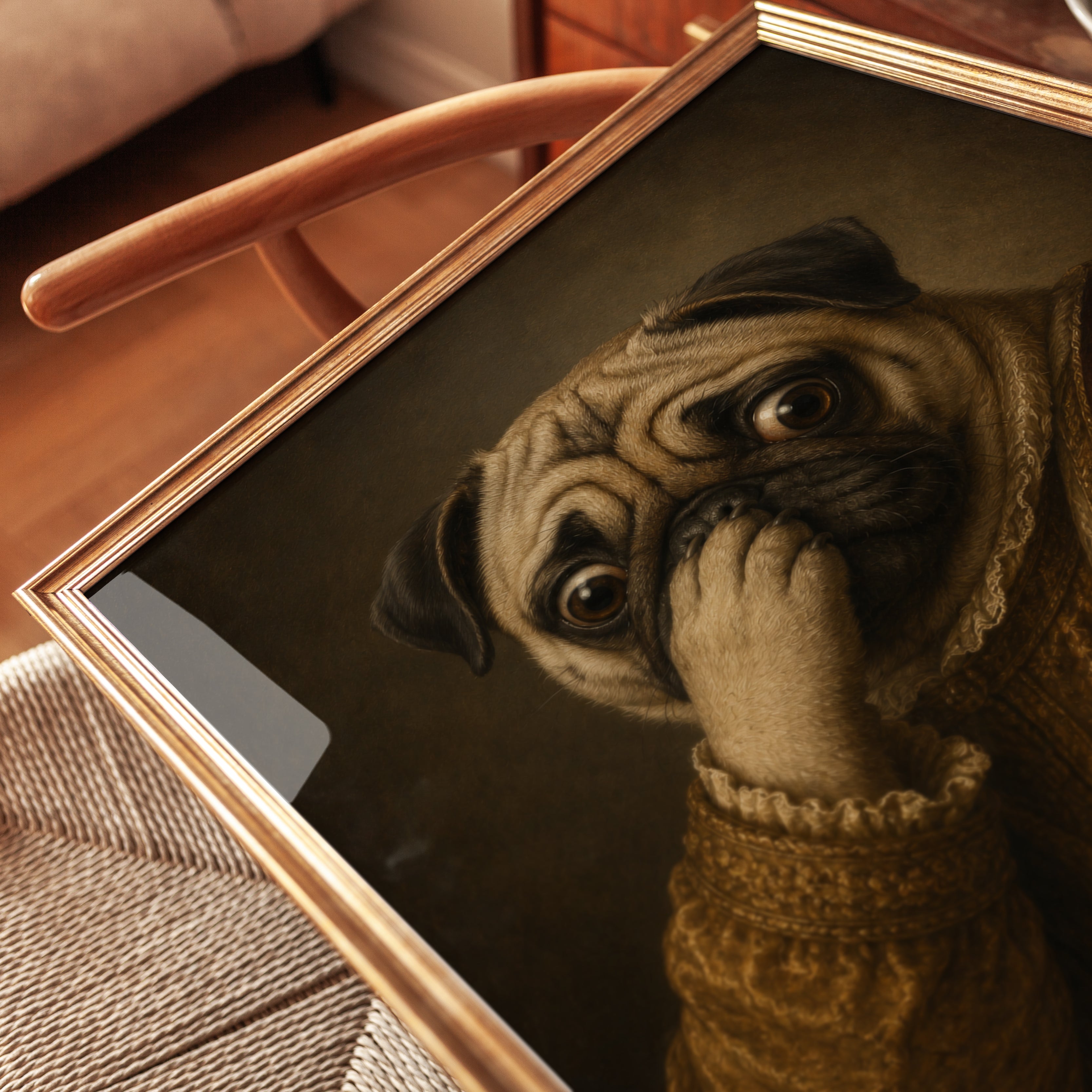 Funny Bathroom Poster Pug Portrait Print: Renaissance Style - detail